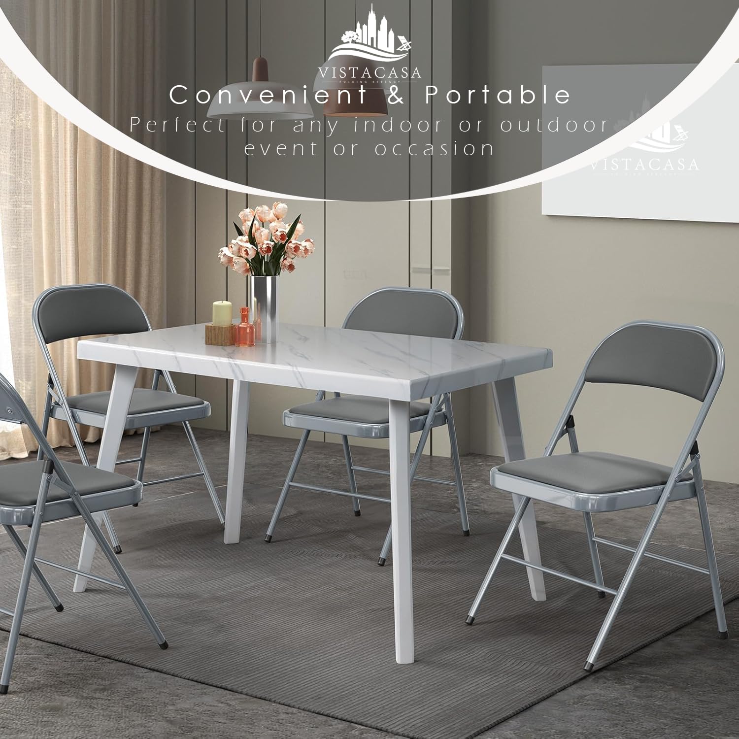 6 Pack Gray Folding Chairs with Padded Seats - Indoor & Outdoor Use for Events, Office, Wedding, Party - Portable Stackable Leather Folding Chairs (Slate Gray) - Perfect for Picnics, Camping, and Home Gatherings