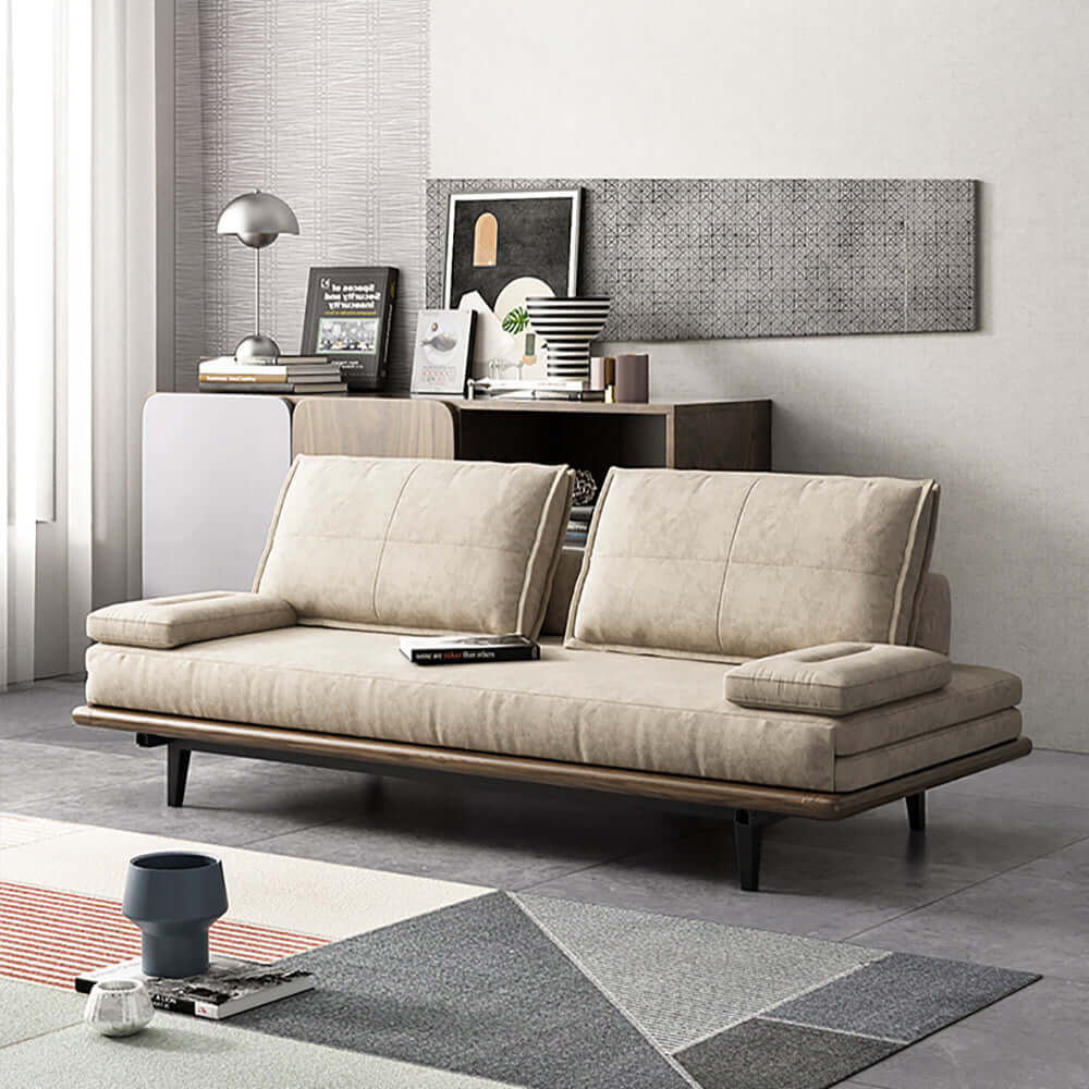 MidCentury Modern Pull Out Sofa Bed - Convertible Sleeper Sofa with Khaki Wood Frame in Cotton & Linen Fabric | Perfect for Small Spaces, Guest Rooms & Apartments