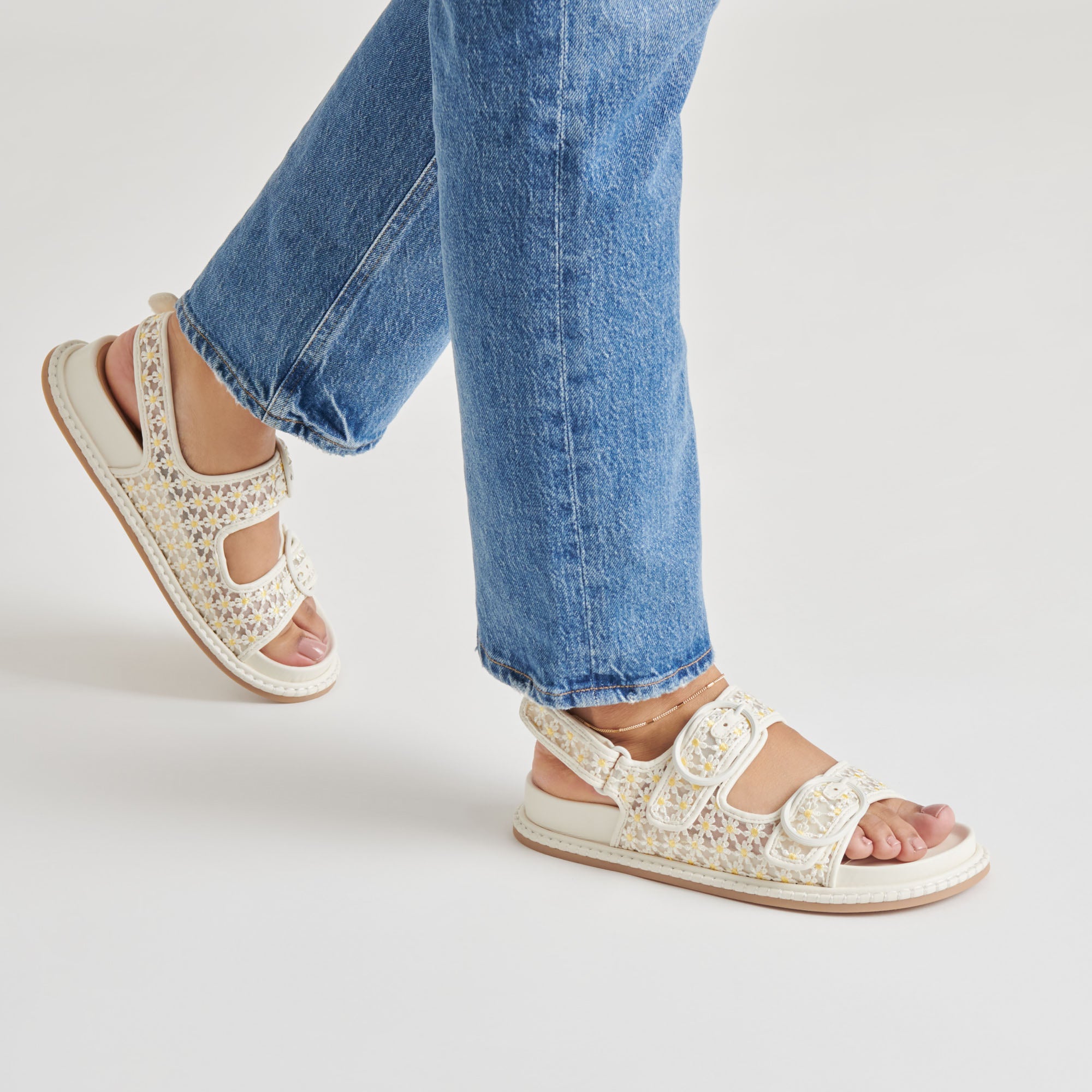 Stuart Floral Sandals for Women - White & Yellow Mesh Summer Sandals with Flower Design | Comfortable Beach Sandals for Vacation, Walking, and Outdoor Activities