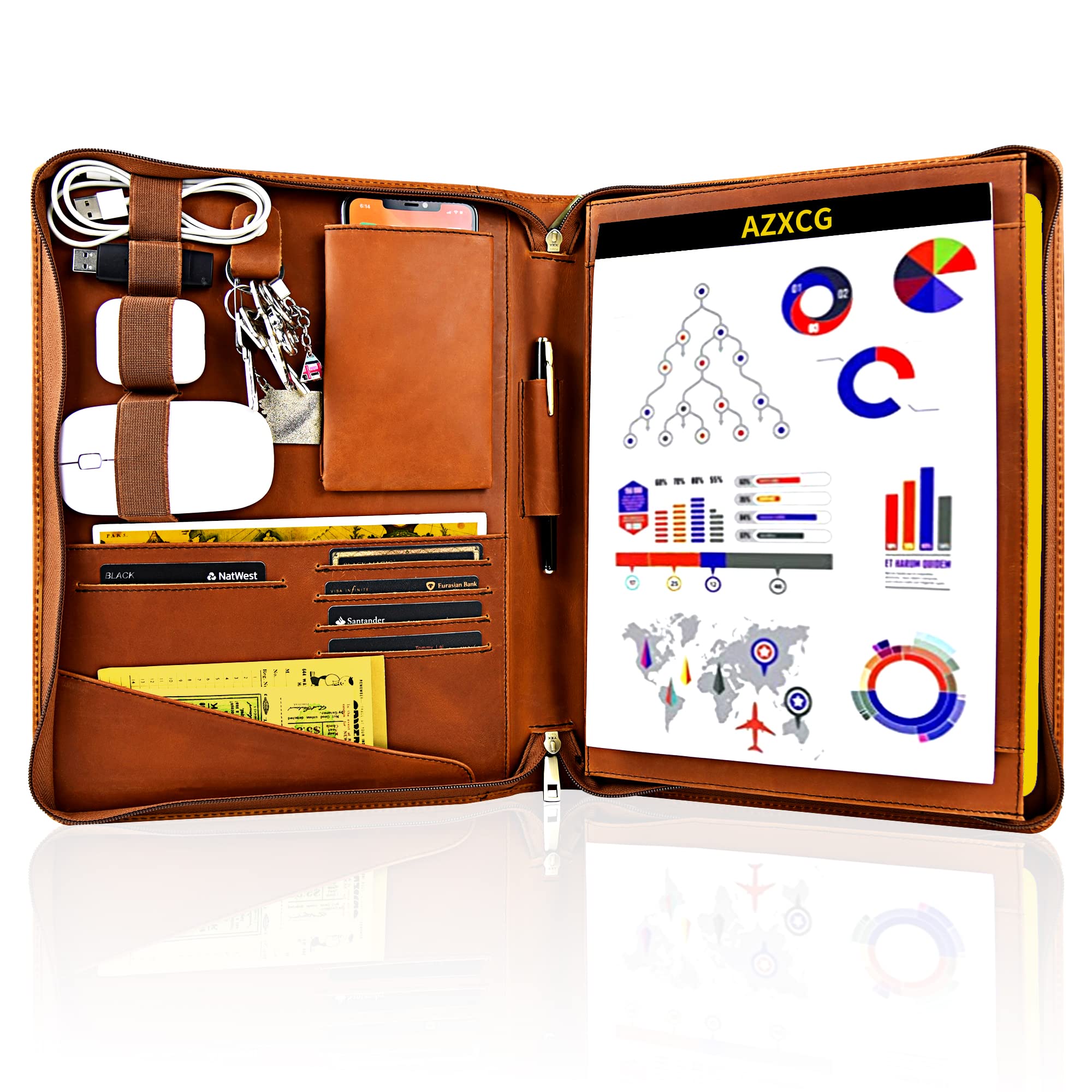 Personalized Genuine Leather Portfolio Organizer with Handle - Custom Name Engraving, A4 Notebook & Business Card Holder - Professional Resume Padfolio for Business Meetings & Corporate Gifts (Brown)