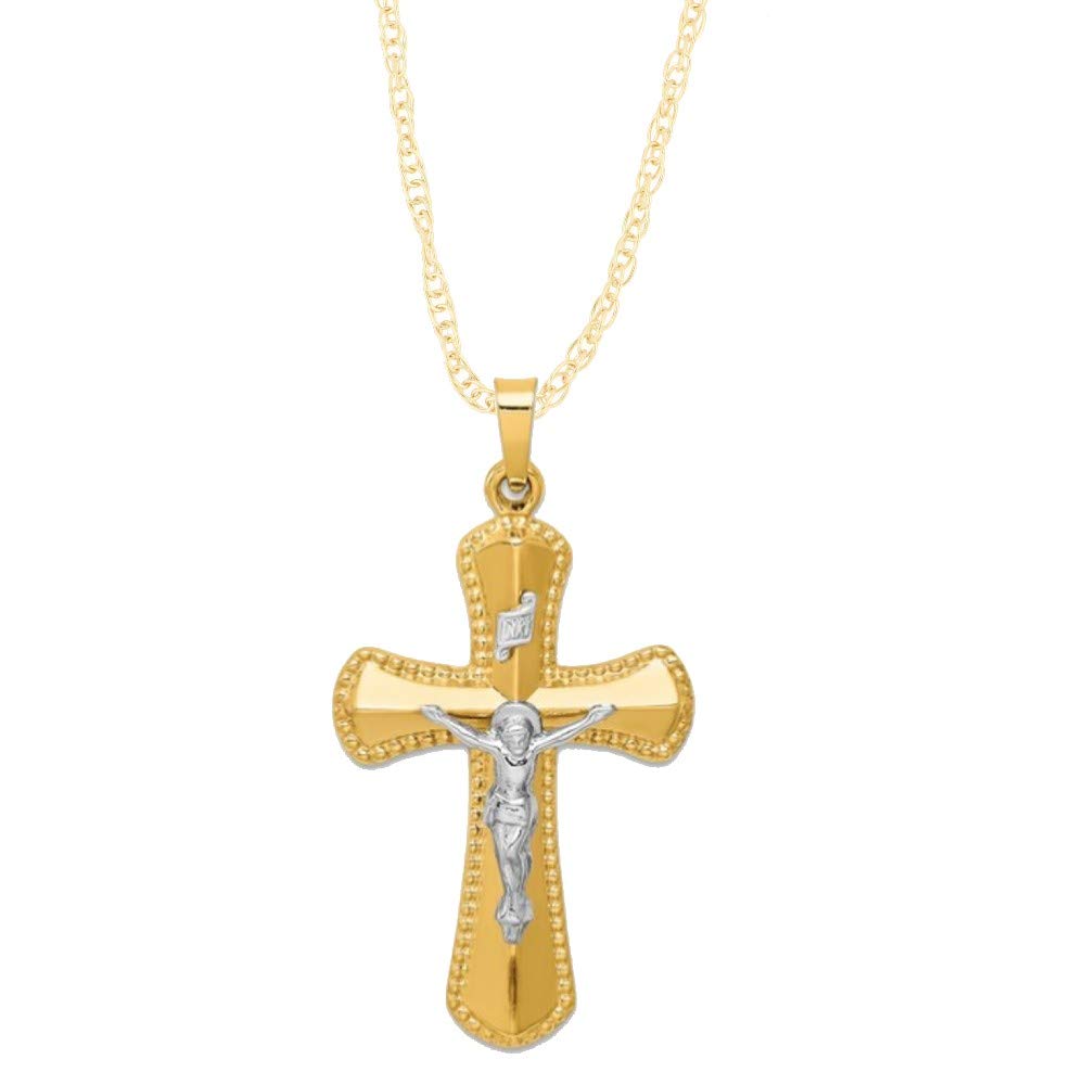 14K Two Tone Yellow & White Gold Budded Beaded Edge INRI Crucifix Cross Pendant Necklace - Religious Jewelry Gift for Women & Men - Perfect for Baptism, First Communion, Confirmation & Daily Wear