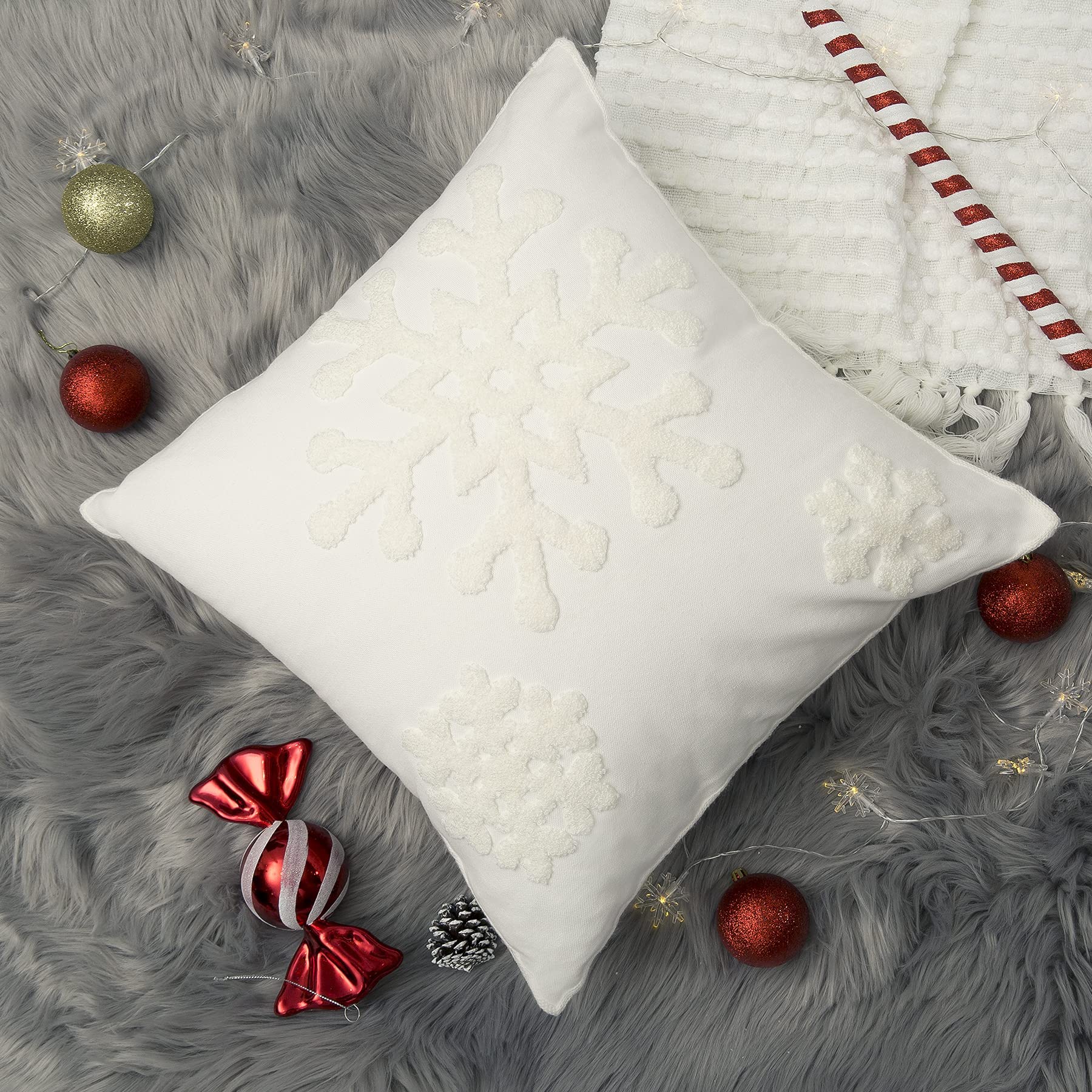 Christmas Pillow Covers Set of 2 - 18x18 Inch Embroidery Snowflake Throw Pillow Covers, Decorative Cotton Linen Cushion Cases for Sofa, Bed & Home Decor (White) - Perfect for Holiday Decorations, Winter Home Styling and Cozy Seasonal Ambiance