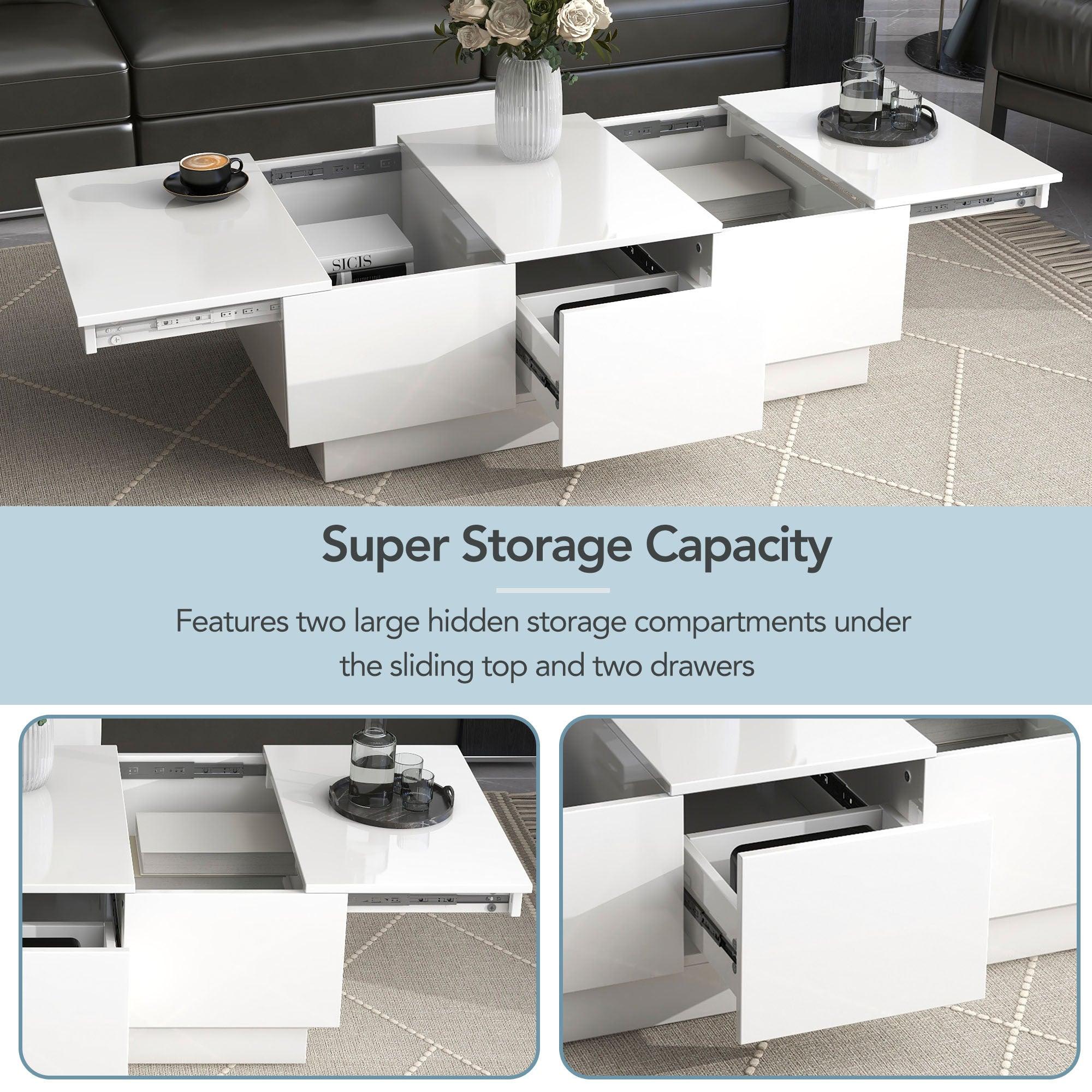 White Extendable Coffee Table with 2 Large Hidden Storage Compartments & 2 Drawers - High Gloss Center Table with Sliding Top for Living Room (39.3