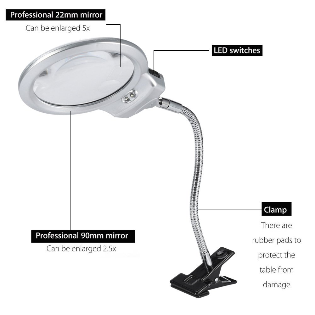 LED Magnifying Desk Lamp with 2.25X & 5X Magnification - Adjustable Swing Arm Lighted Magnifier with Metal Hose Clamp for Reading, Crafts, Jewelry Making and Precision Work