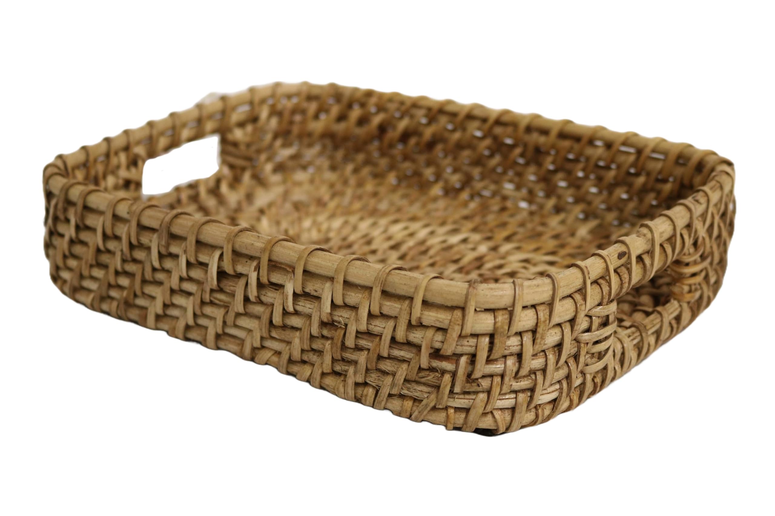 Home&Manor 9 Inch Rattan Rectangle Serving Tray - Natural Woven Basket for Breakfast in Bed, Coffee Table Decor, Bathroom Organization