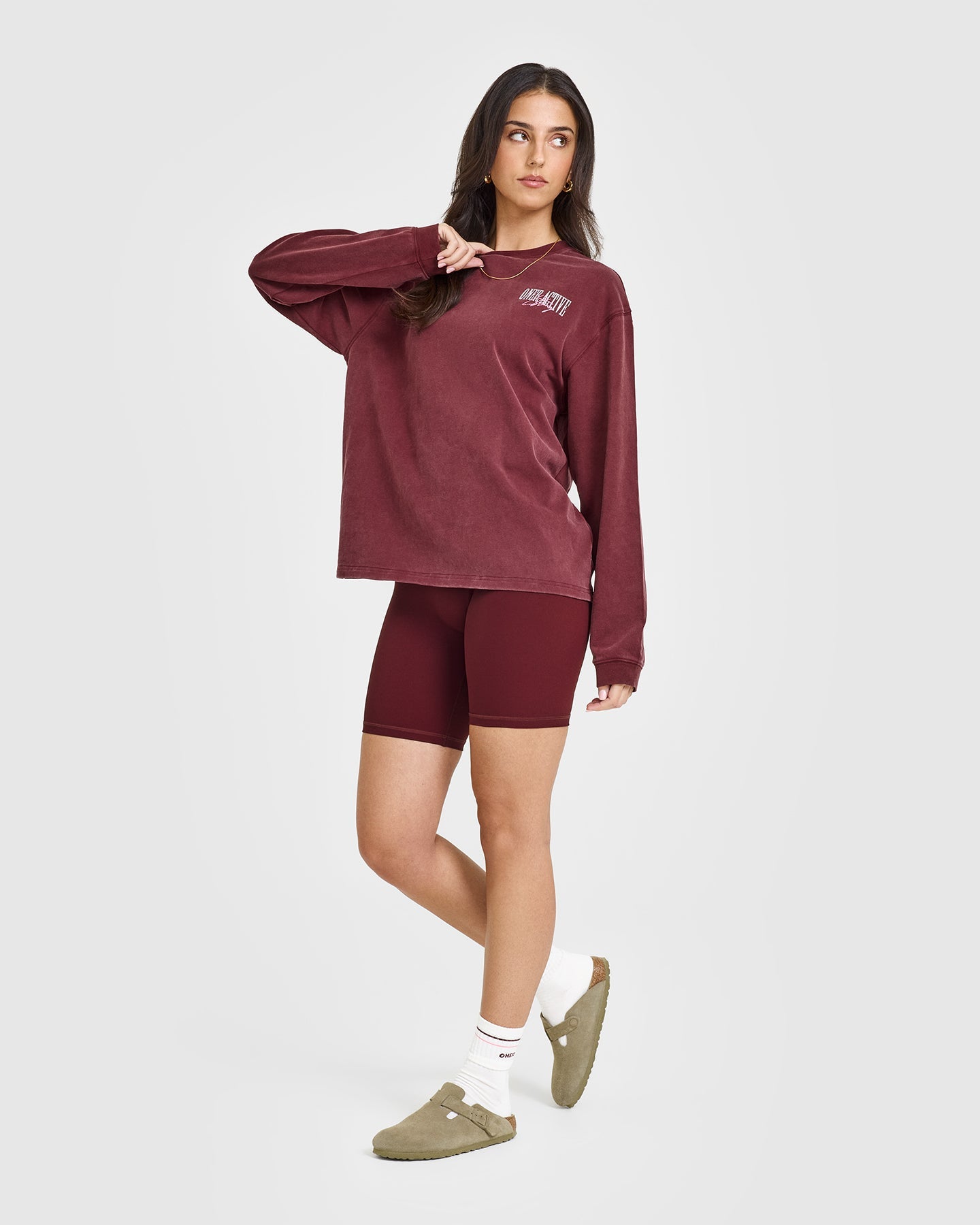 Oner Graphic Washed Long Sleeve T-Shirt for Women | Vintage Rosewood Print | Casual Streetwear & Layering Essential