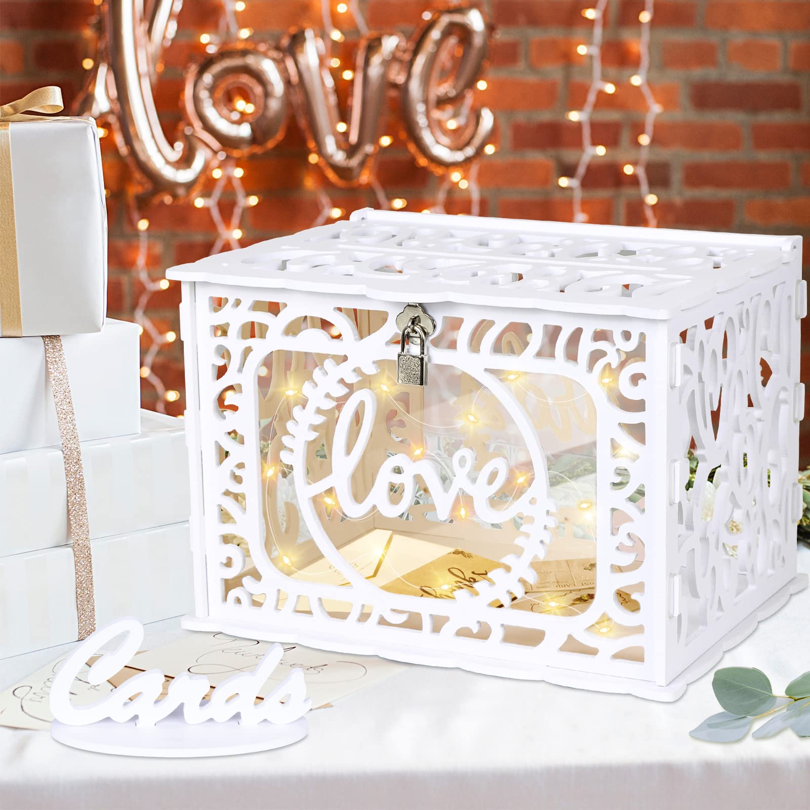 OurWarm DIY White Wedding Card Box with Lock & String Lights - PVC Hollow Card Holder for Graduation, Anniversary, Baby Shower, Birthday & Bridal Events | Perfect for Wedding Reception Decor & Gift Collection