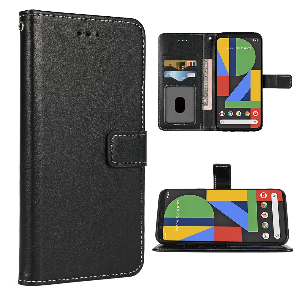 Google Pixel 4 Wallet Case with Wrist Strap & Card Holder - Premium Leather Flip Cover with Stand for Men & Women | Perfect for Everyday Use, Travel, and Hands-Free Convenience (Black)