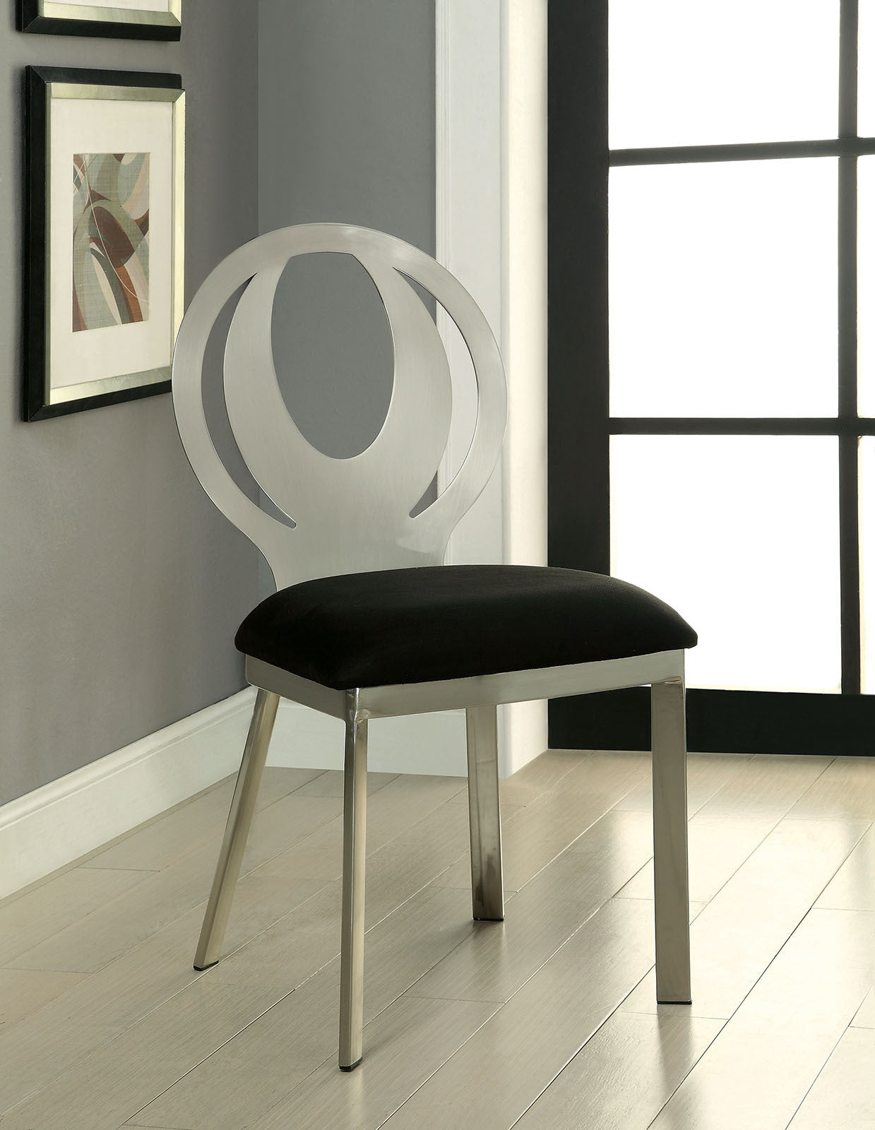 Modern Silver Metal Frame 2-Piece Dining Chairs Set with Black Microfiber Cushion & Oval Back Design - Elegant Kitchen & Dining Room Furniture for Home Decor