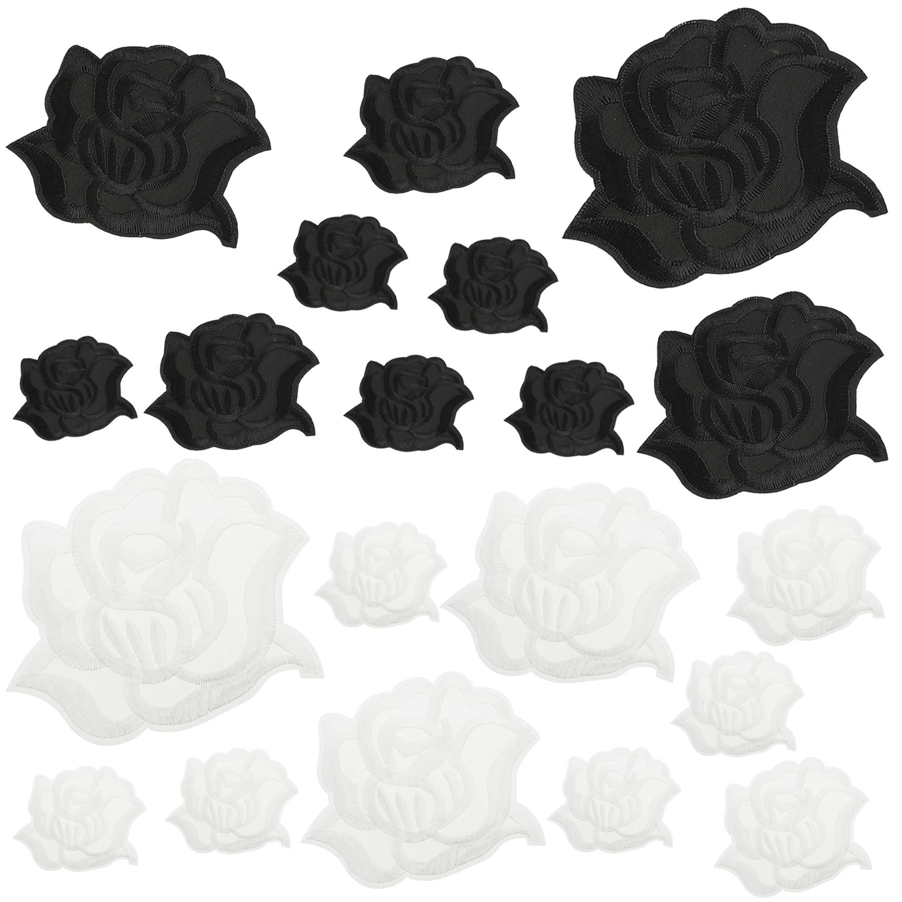 Woohome 20 PCS Iron On Patches - Black & White Rose Flower Embroidered Appliques for Clothes, Hats, Jeans | DIY Sew On Sticker Patches for Fashion Upcycling & Costume Design