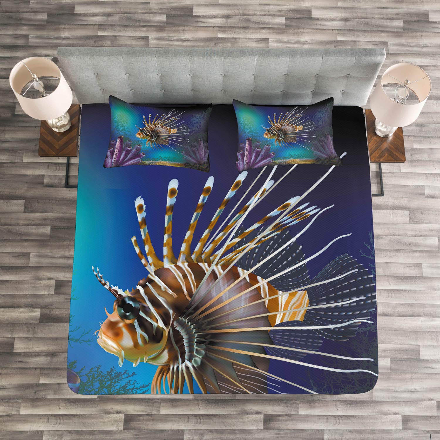 Ambesonne Ocean King Size Bedspread Set - 3 Piece Underwater World Nautical Theme Bedding with Exotic Fish, Bubble & Plants, Blue Brown Purple Decorative Coverlet & 2 Pillow Shams for Coastal & Beach House Decor