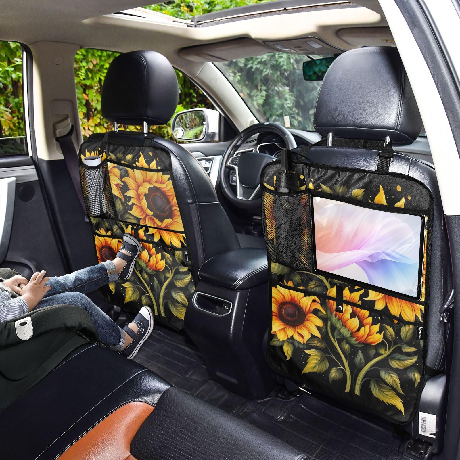 Sunflower Black 2-Pack Car Back Seat Kick Mats for Kids - Premium Seat Protector with 3 Storage Pockets | Universal Fit for Trucks, SUVs & Sedans | Perfect for Road Trips & Family Travel Accessories