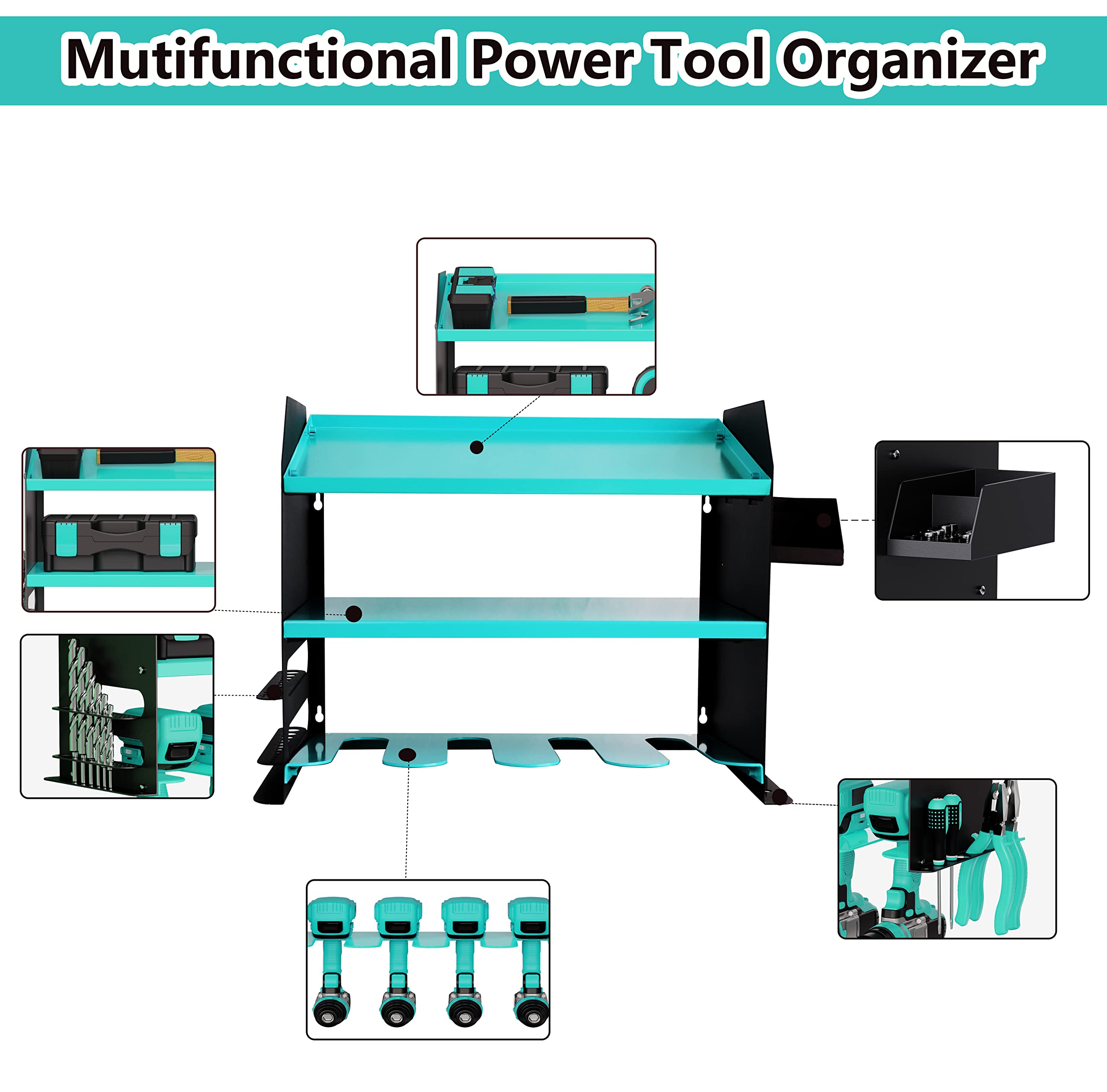 Luffioner Wall Mount Drill Storage Rack - Heavy Duty Power Tool Organizer for Drills & Bits - Garage & Workshop Tool Holder with Screw Box - Holds 4 Drills - Perfect Father's Day Gift (Blue) | Ideal for DIY Projects, Home Improvement & Professional Workspaces