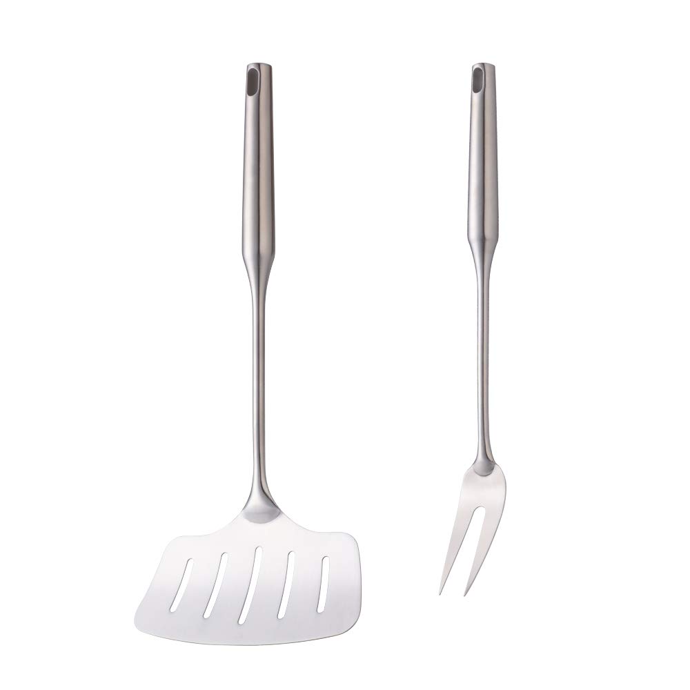 Premium Stainless Steel Fish Spatula & Serving Fork Set - 2-Piece BBQ Cooking Utensils with Long Heat-Resistant Handles - Perfect for Grilling, Flipping Fish, Serving Meats & Outdoor Cooking