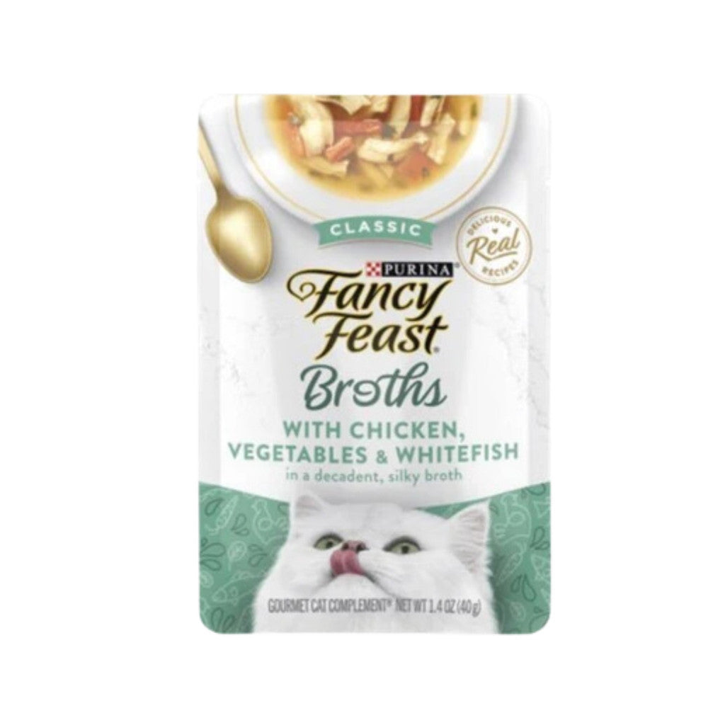Fancy Feast Classic Broth Cat Food - 40g Pouch with Chicken, Vegetable, Tuna, Shrimp & White Fish - High Protein Wet Cat Food for Adult & Senior Cats - Perfect for Picky Eaters & Hydration Boost