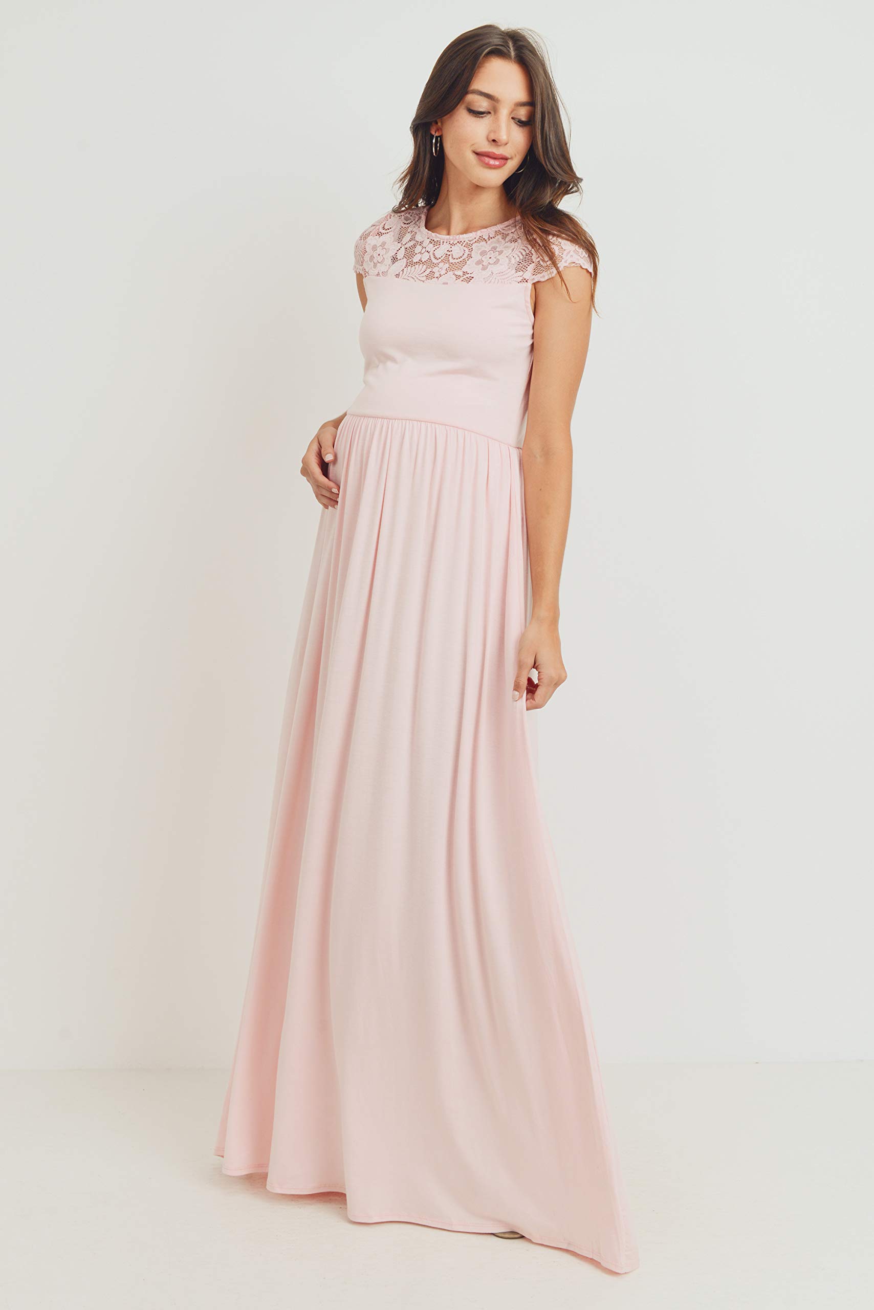 HELLO MIZ Women's Floral Maternity Maxi Dress with Lace Yoke - Comfortable Pregnancy Dress for Baby Shower, Maternity Photo Shoot & Summer Vacation