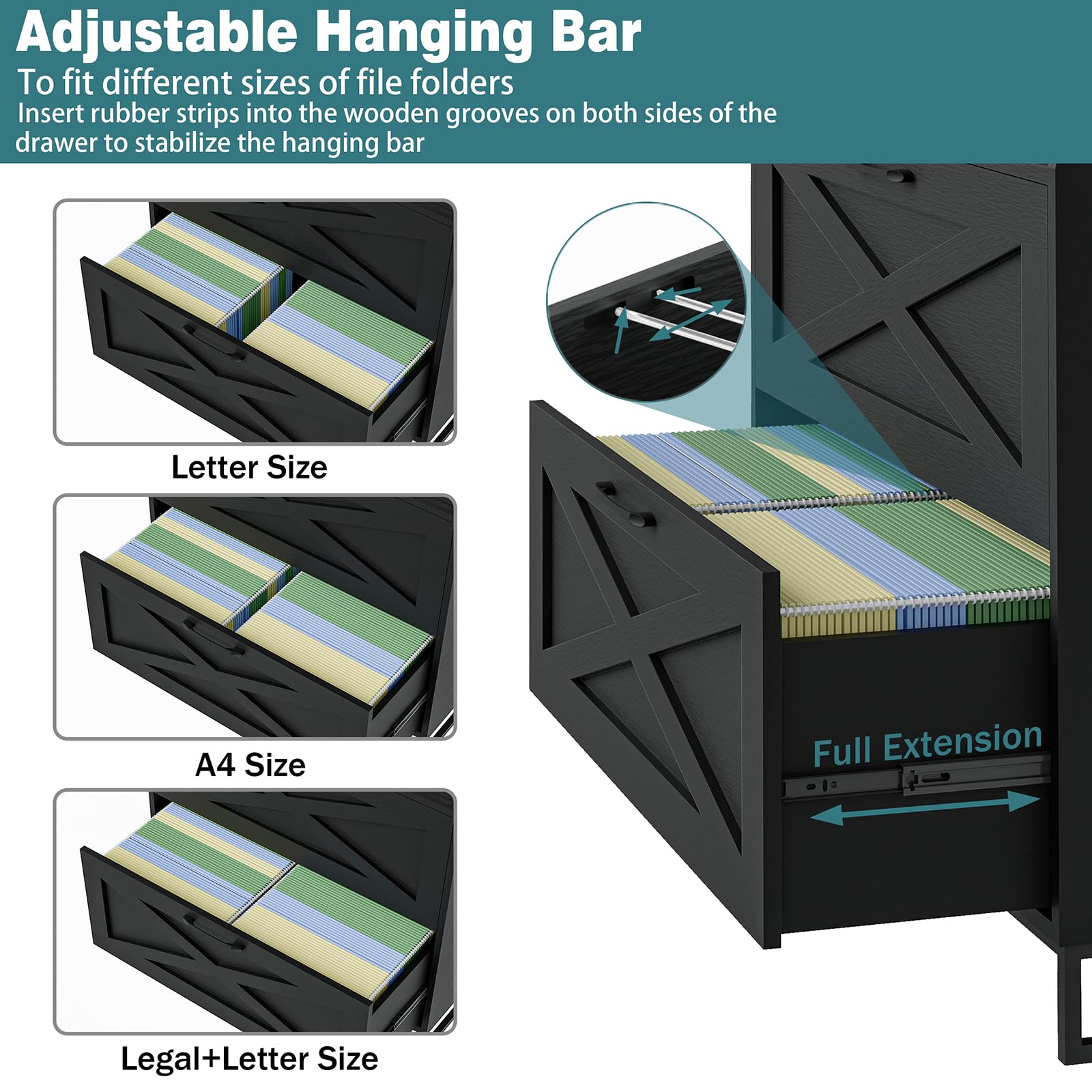 2-Drawer Lateral File Cabinet with Built-in Charging Station - Legal/Letter/A4 Hanging File Storage - Modern Farmhouse Wood Office Furniture (Black) - Perfect for Home Office Organization & Printer Stand