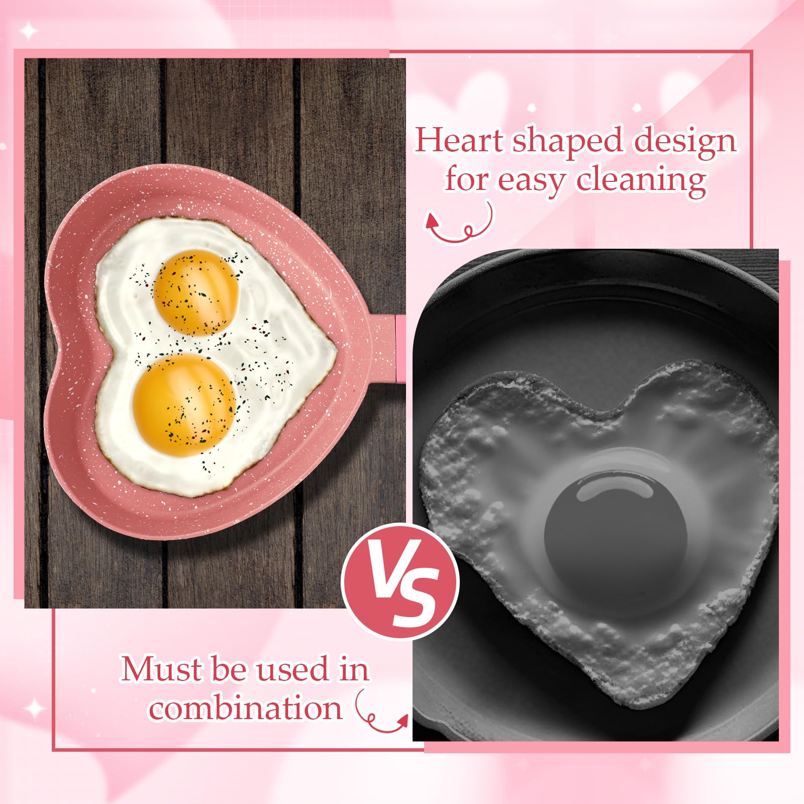 Heart-Shaped Pancake Pan - Nonstick Mini Frying Pan with Granite Coating for Eggs, Pancakes, Burgers - Perfect for Valentine's Day Breakfast, Kids Cooking & Romantic Dinners - Pink