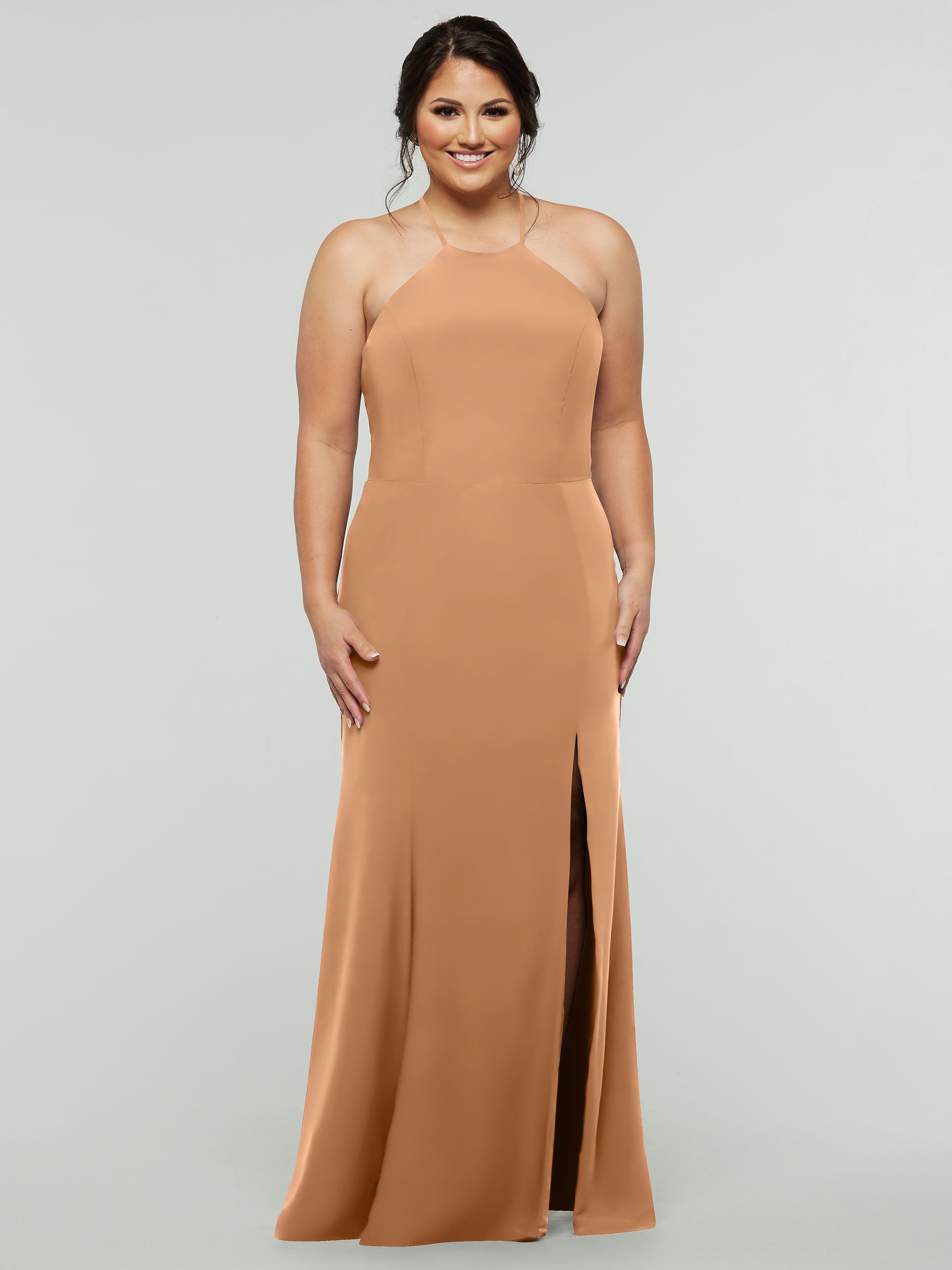 Elegant 83031 Fit and Flare Stretch Chiffon Bridesmaid Dress with Halter Neck & Thigh Slit - Perfect for Weddings, Prom, and Formal Events