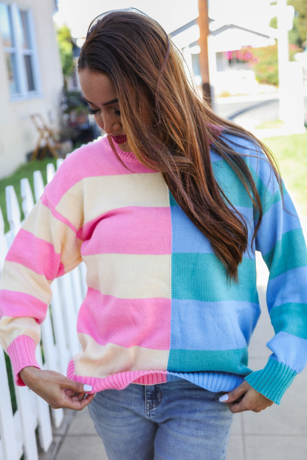 Stylish Blush & Blue Stripe Color Block Knit Sweater for Women | Trendy Casual Pullover | Perfect for Fall Outfits, Date Nights & Cozy Weekends
