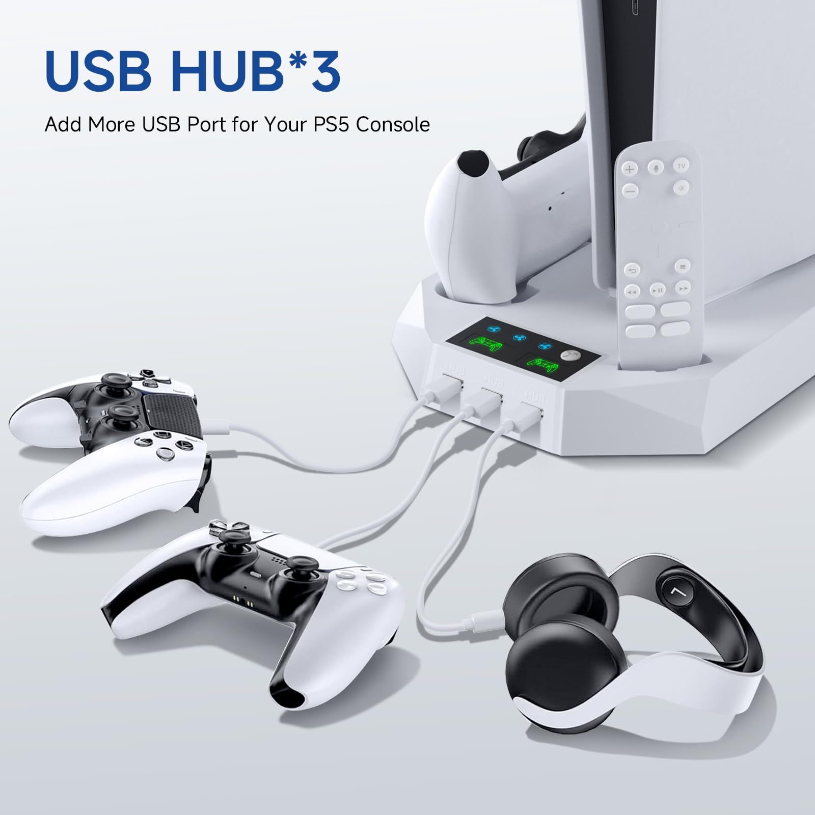 PS5 Cooling Stand with Turbo Fan & Dual Charging Station - Vertical Stand for PS5 Pro/Slim & Digital/Disc Edition - Includes Headset Holder - Perfect for Gaming Sessions & Console Protection (White)