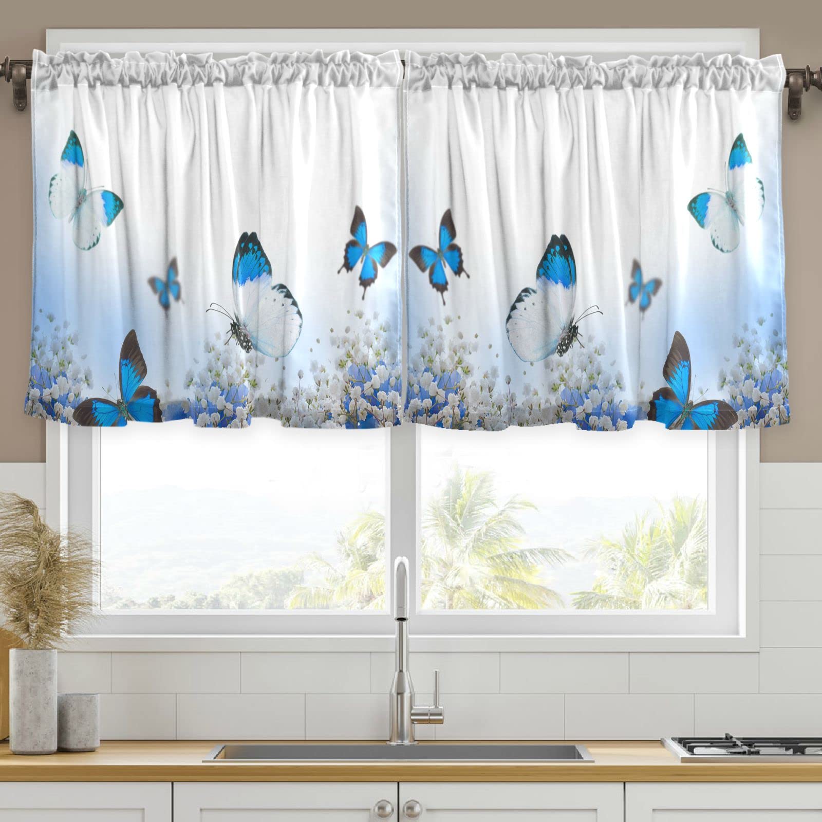 DOMIKING Blue Butterfly Flower Kitchen Curtains Set with Rod Pocket Valance - 57x36 Inch Bohemian Window Treatments for Bathroom, Living Room & Kitchen Decor - Perfect for Farmhouse, Cottage & Vintage Style Homes