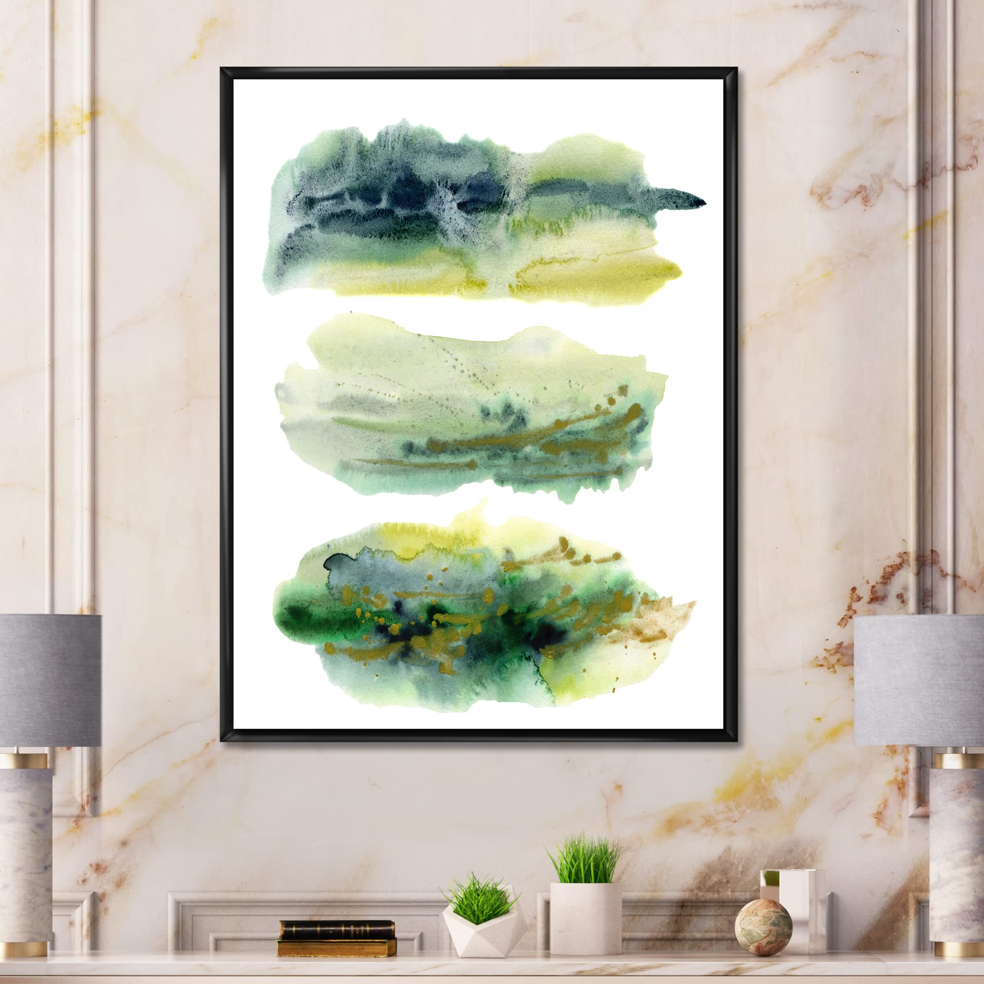 DesignQ Golden Green Abstract Clouds With Blue Points - Modern Framed Canvas Wall Art Print for Living Room, Bedroom & Office Decor