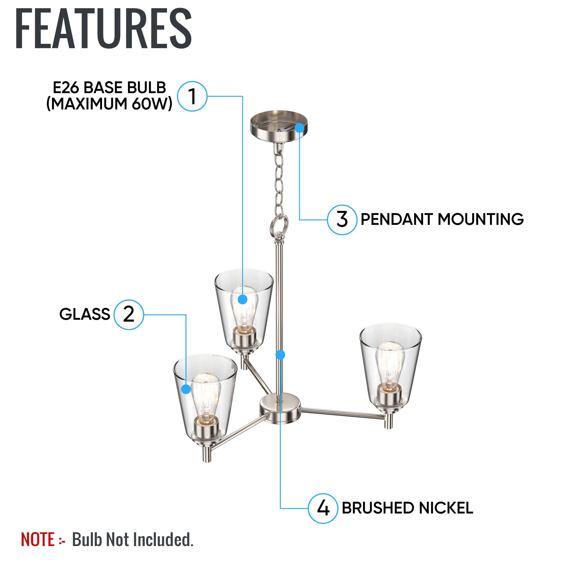 LEDMyplace 3-Lights Flared Island Chandelier - Clear Glass Shade, Brushed Nickel Finish, E26 Base - Modern Ceiling Pendant Light for Kitchen Island, Dining Room, Farmhouse Decor (Bulb Not Included) | Perfect for Home, Restaurant, and Cafe Lighting