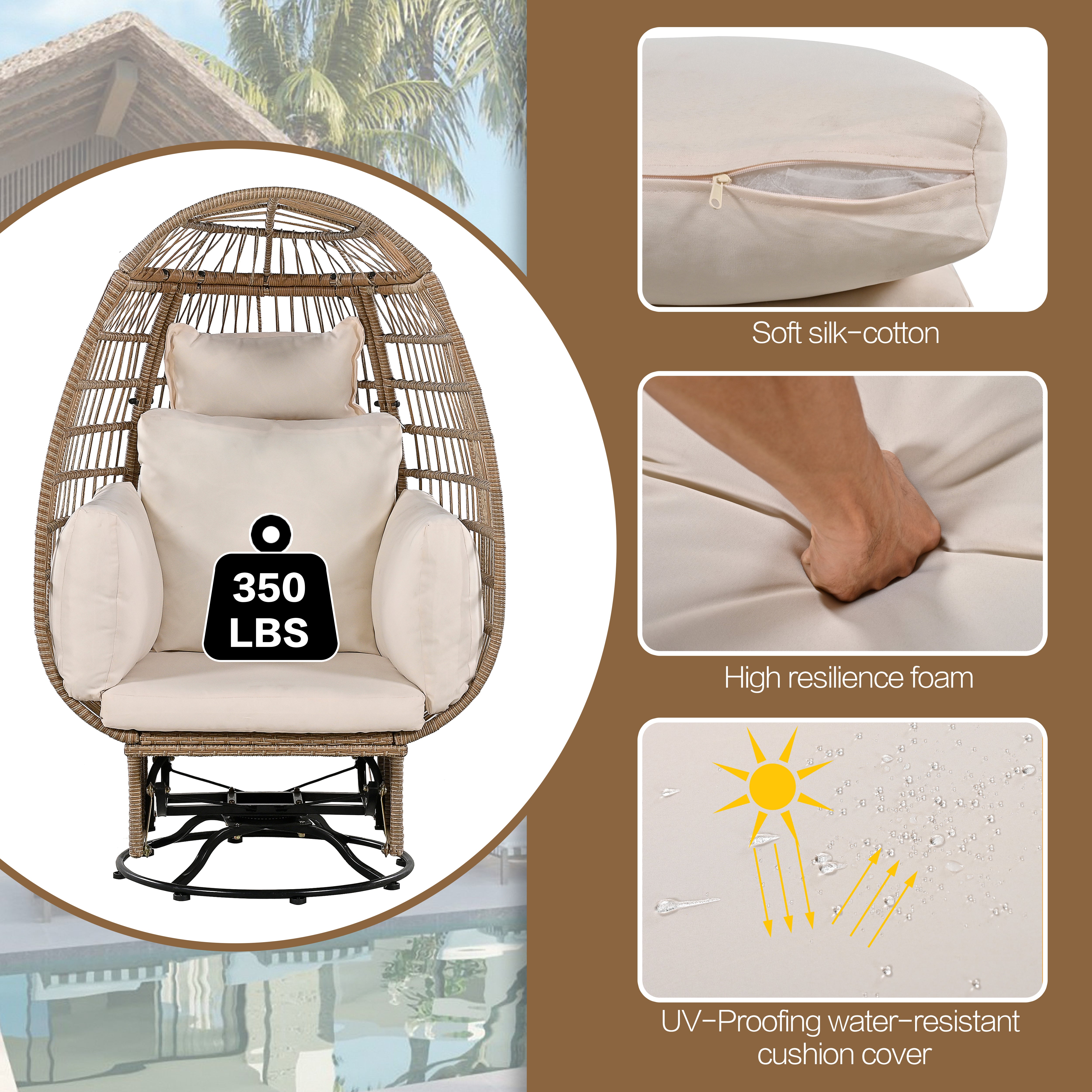 Outdoor Swivel Rocking Chair with Cushions - Rattan Egg Patio Chair for Balcony, Poolside, Garden - Perfect for Relaxing, Lounging & Sunbathing