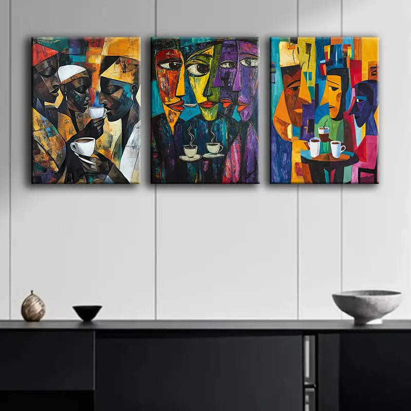 3-Piece Abstract Coffee Drinking Scenes Metal Wall Art - Ready to Hang Home Decor for Kitchen, Dining Room & Office | Modern Art Prints for Coffee Lovers