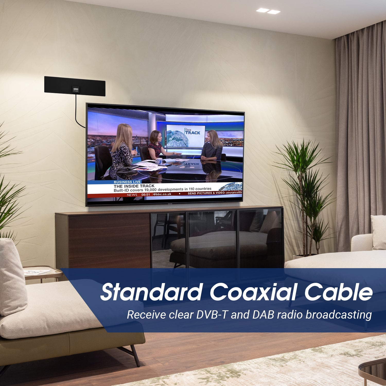 August DTA420 Flat Digital TV Antenna - High Gain Indoor HDTV Antenna for Freeview Channels | 5dBi Reception, Window/Wall Mount | Perfect for Home, Office & RV Use