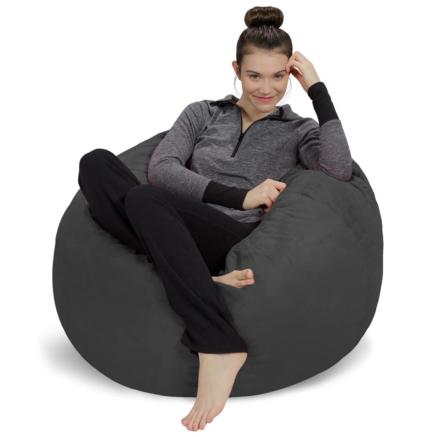 3' Memory Foam Bean Bag Chair - Soft Microfiber Sofa Sack with Microsuede Cover in Gray | Perfect for Living Room, Bedroom & Game Room Lounging