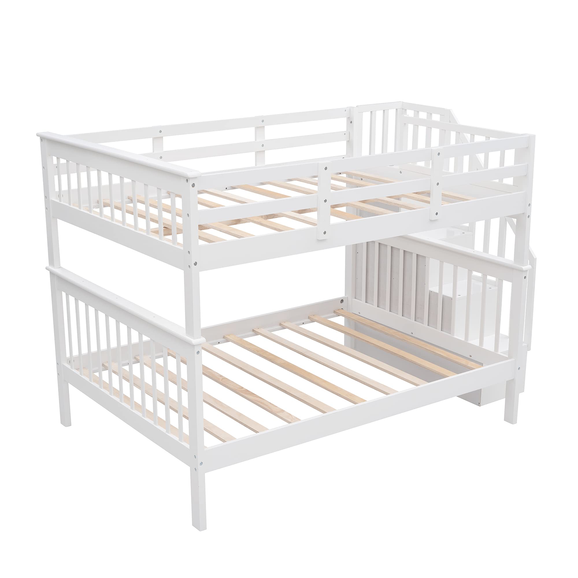 Full Over Full Bunk Bed with Storage & Guard Rail - Solid Wood Twin Bunk Bed for Kids, Teens, Dorm Rooms & Small Spaces - Space-Saving Bedroom Furniture with Underbed Storage (White) - Perfect for Shared Kids' Rooms, College Dorms & Guest Bedrooms