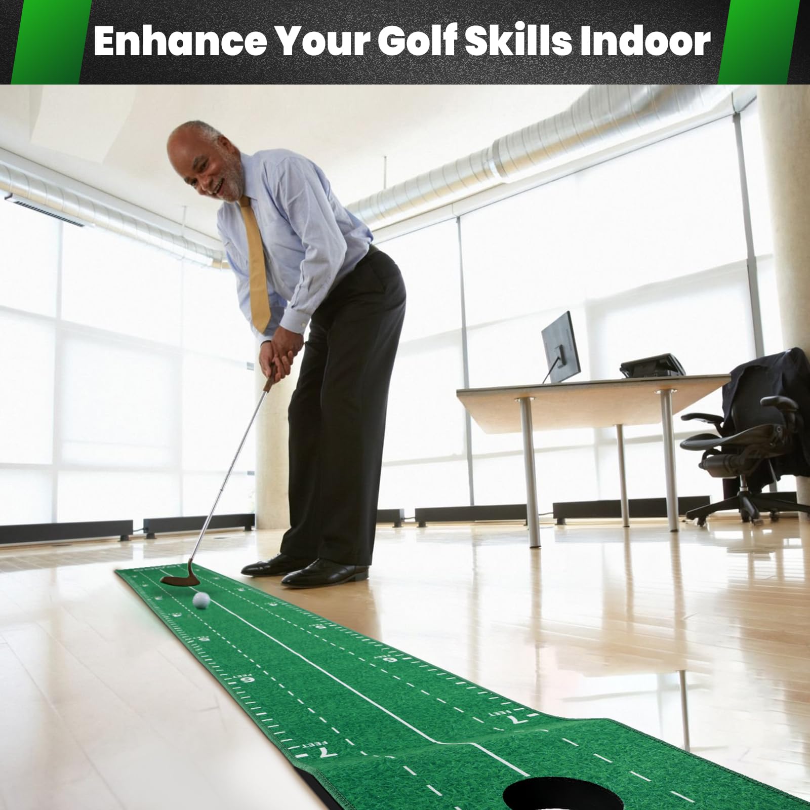 Premium Indoor/Outdoor Golf Putting Green Mat with Putter & Golf Pong Game Set - Practice Training Equipment for Men & Women - Perfect Gift for Christmas & New Year - Ideal for Home Office, Backyard & Indoor Golf Practice