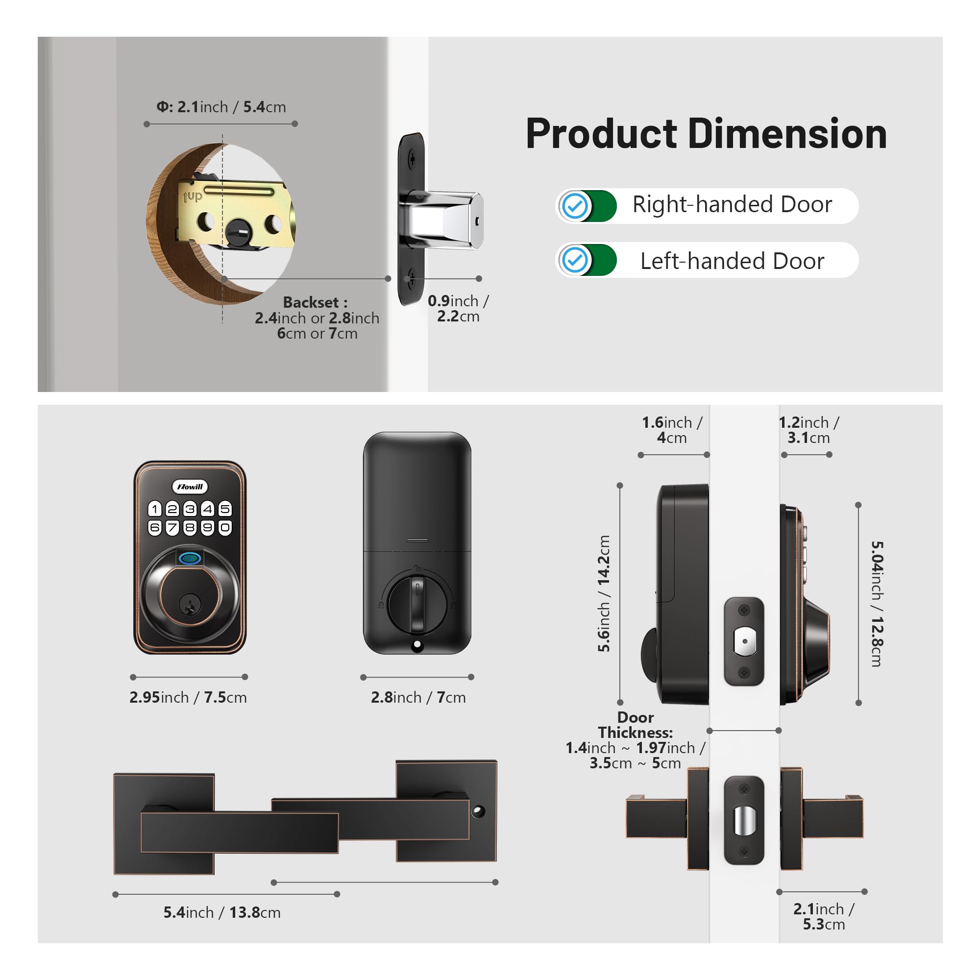 Zowill DK02A-L Smart Fingerprint Front Door Lock Set with 2 Handles - Auto Lock & One-Touch Lock, Easy Installation, Electronic Keypad Deadbolt, Keyless Entry Door Lock for Home Security | Perfect for Apartments, Houses & Vacation Homes