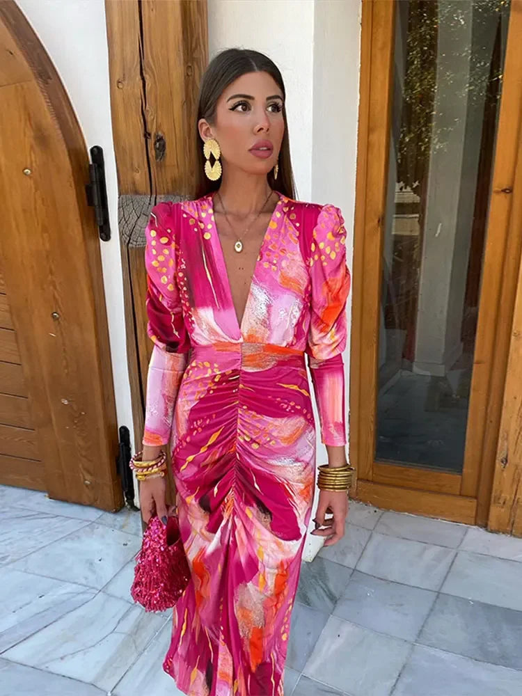 Vintage Tye Dye Print Pleated Bodycon Maxi Dress for Women - Long Sleeve V-Neck A-Line Party Dress - Perfect for Holiday Celebrations, Festivals, and Evening Events