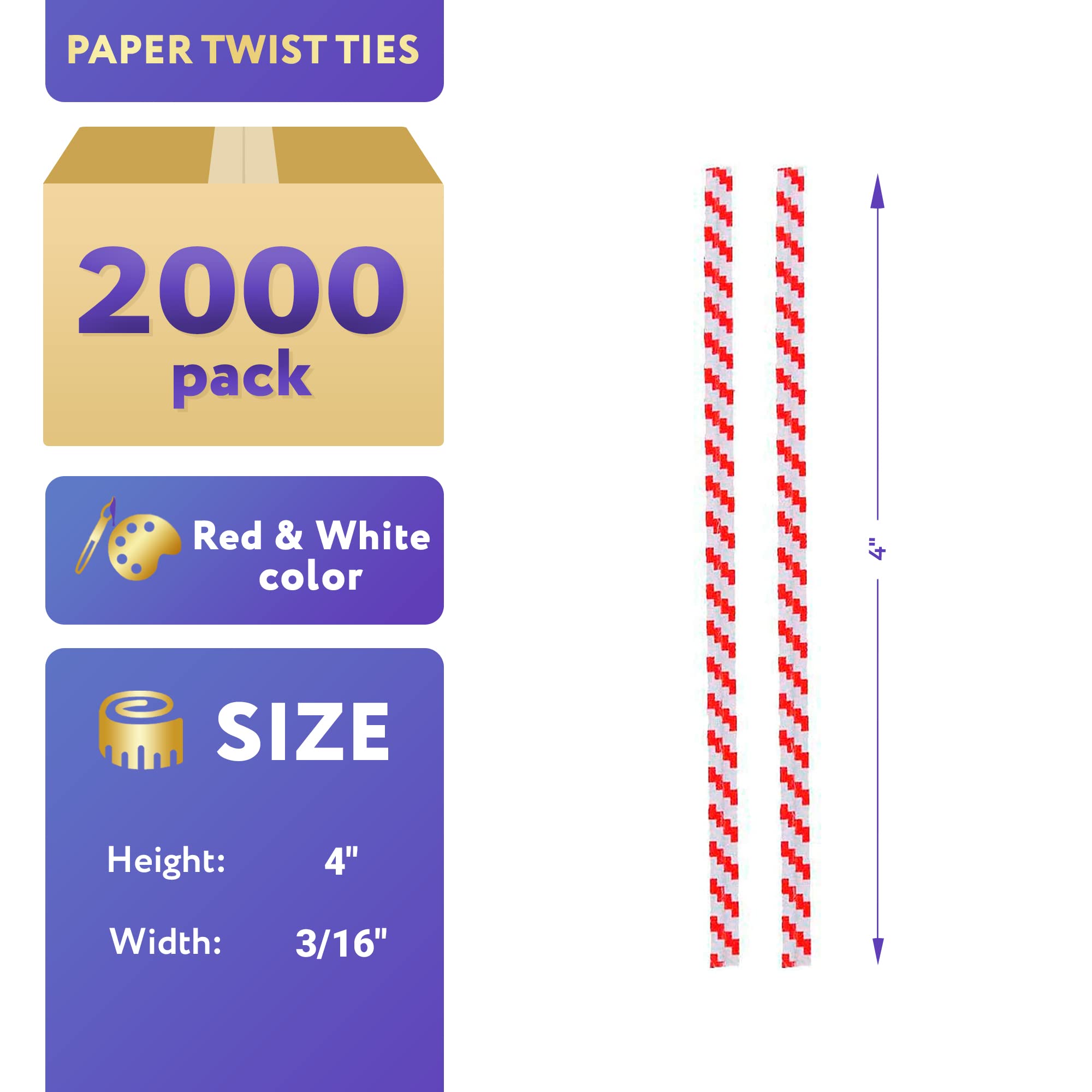 APQ 4-Inch Red & White Metallic Twist Ties for Bags - 2000 Pack Plastic-Coated Bread Ties, Reusable Heavy-Duty Twisty Ties for Treat Bags, Gift Wrapping & Food Packaging