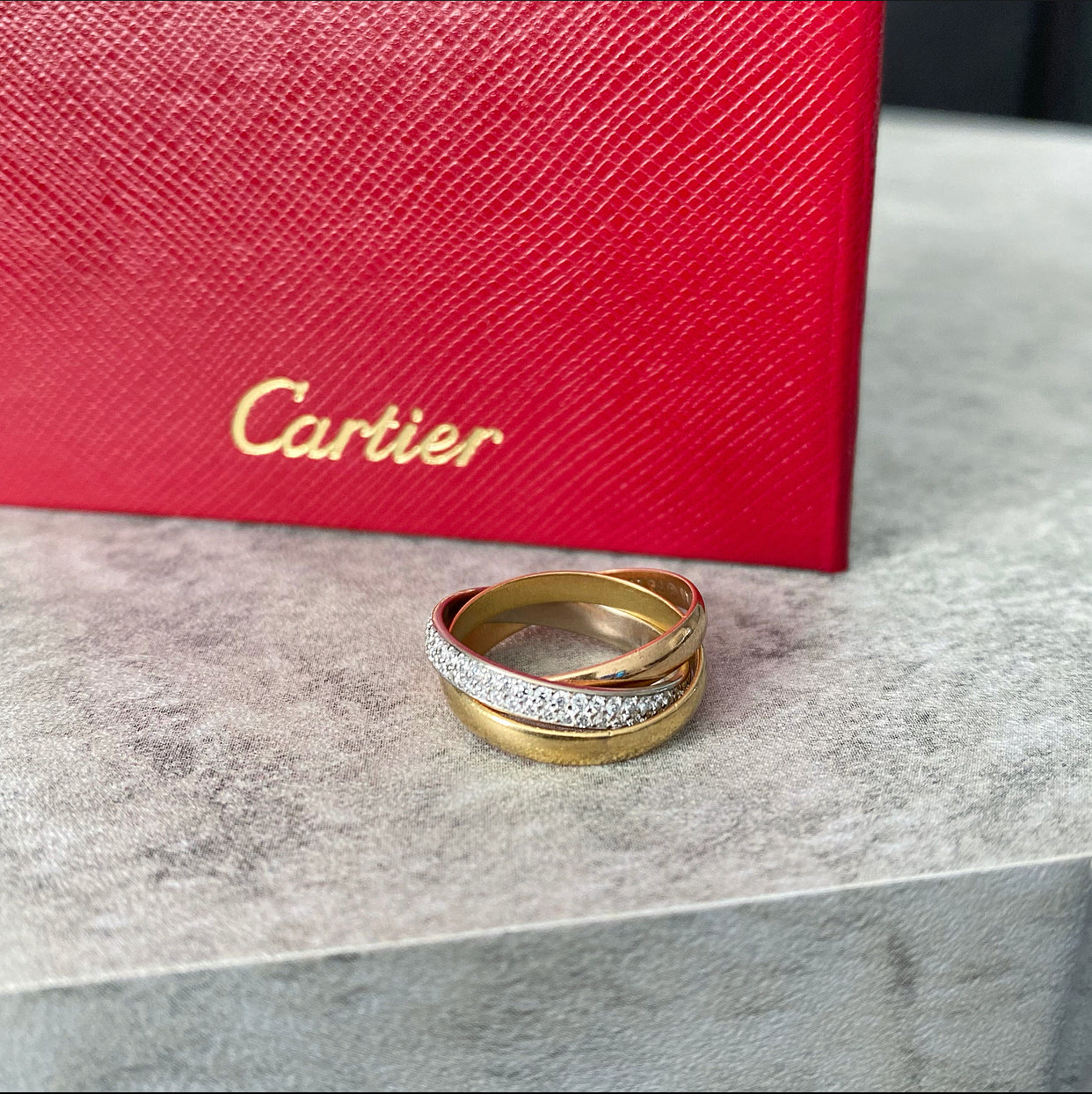 Cartier 18k Tri-Color Gold Diamond Trinity Ring for Women - Luxury Stackable Wedding Band, Anniversary Gift & Everyday Jewelry