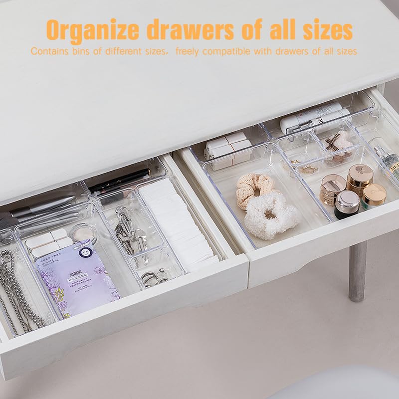 Acrylic Drawer Organizer Set - 6pcs for Makeup, Skincare, Jewelry & Office Supplies | Vanity, Kitchen, Bedroom, Bathroom & Office Storage Solution | Clear Plastic Storage Bins for Desk, Dresser & Countertop Organization