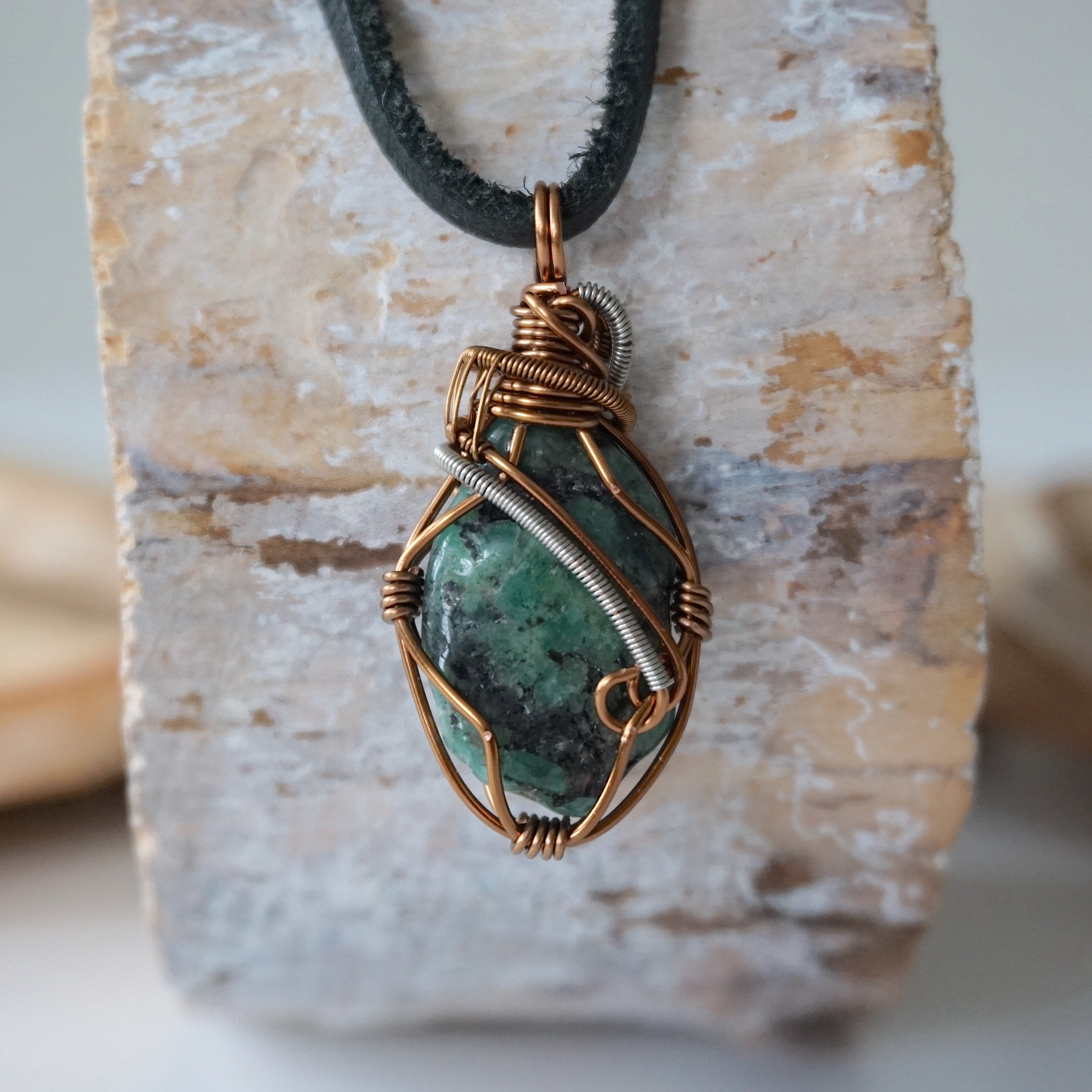 Handmade Men's Raw Emerald Necklace - Sterling Silver & Bronze Wire Wrapped Pendant with Black Leather Cord - Perfect for Gifts, Spiritual Healing & Boho Fashion