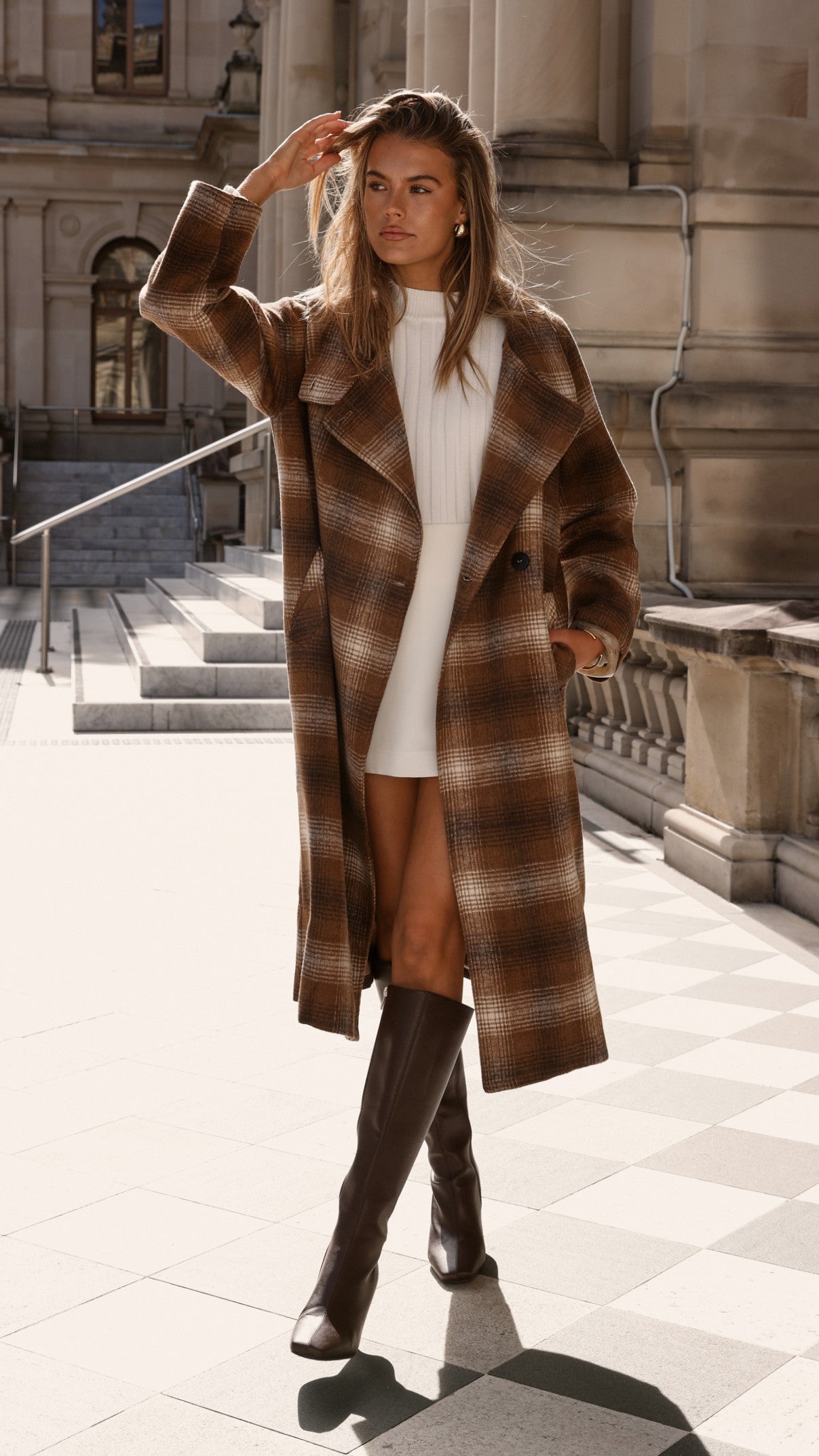 Haruna Coat Women's Brown & Beige Plaid Print Trench Coat - Stylish Fall & Winter Outerwear for Office, Dating & Casual Wear
