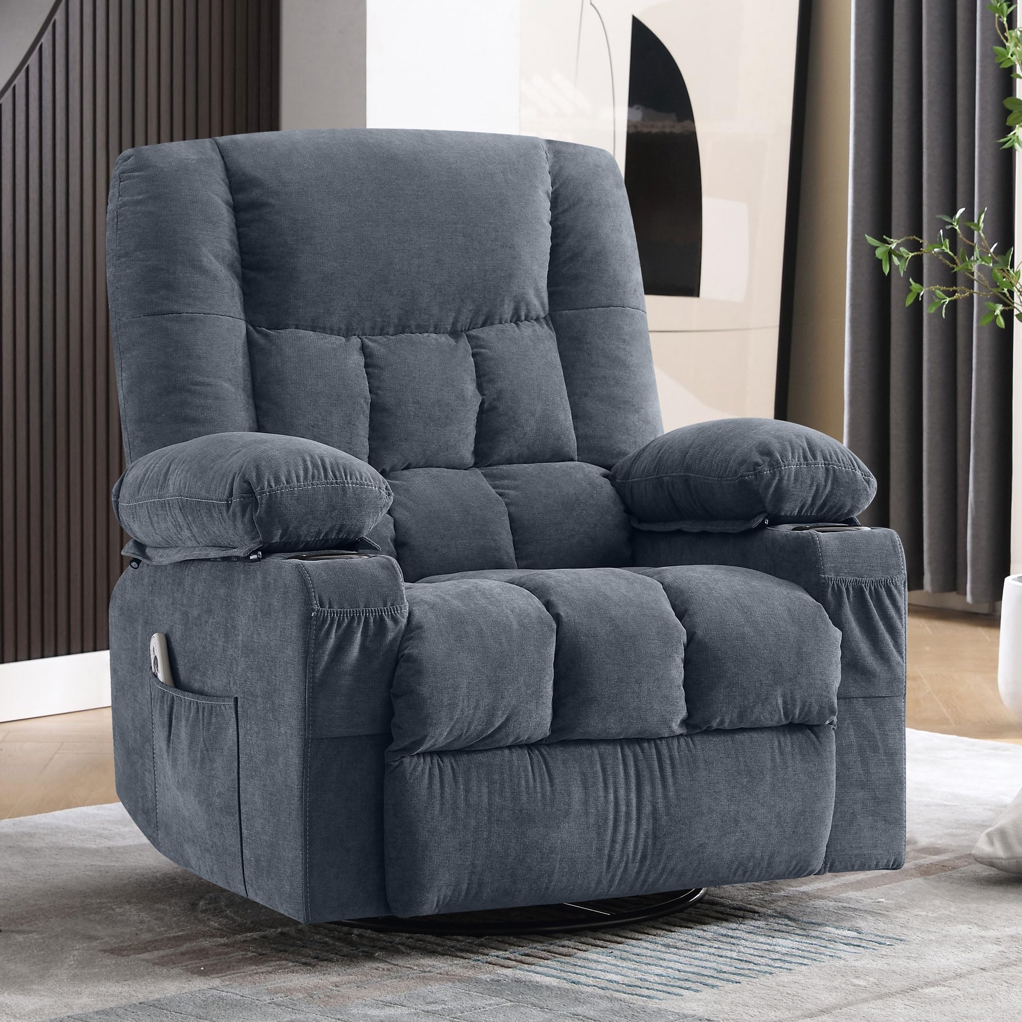 Ergonomic Massage Recliner Chair with Vibration & Heat - Swivel Rocking Lounge Chair with USB Charging Port, Cup Holders & Side Pocket for Living Room | Perfect for Relaxation, Home Theater & Pain Relief