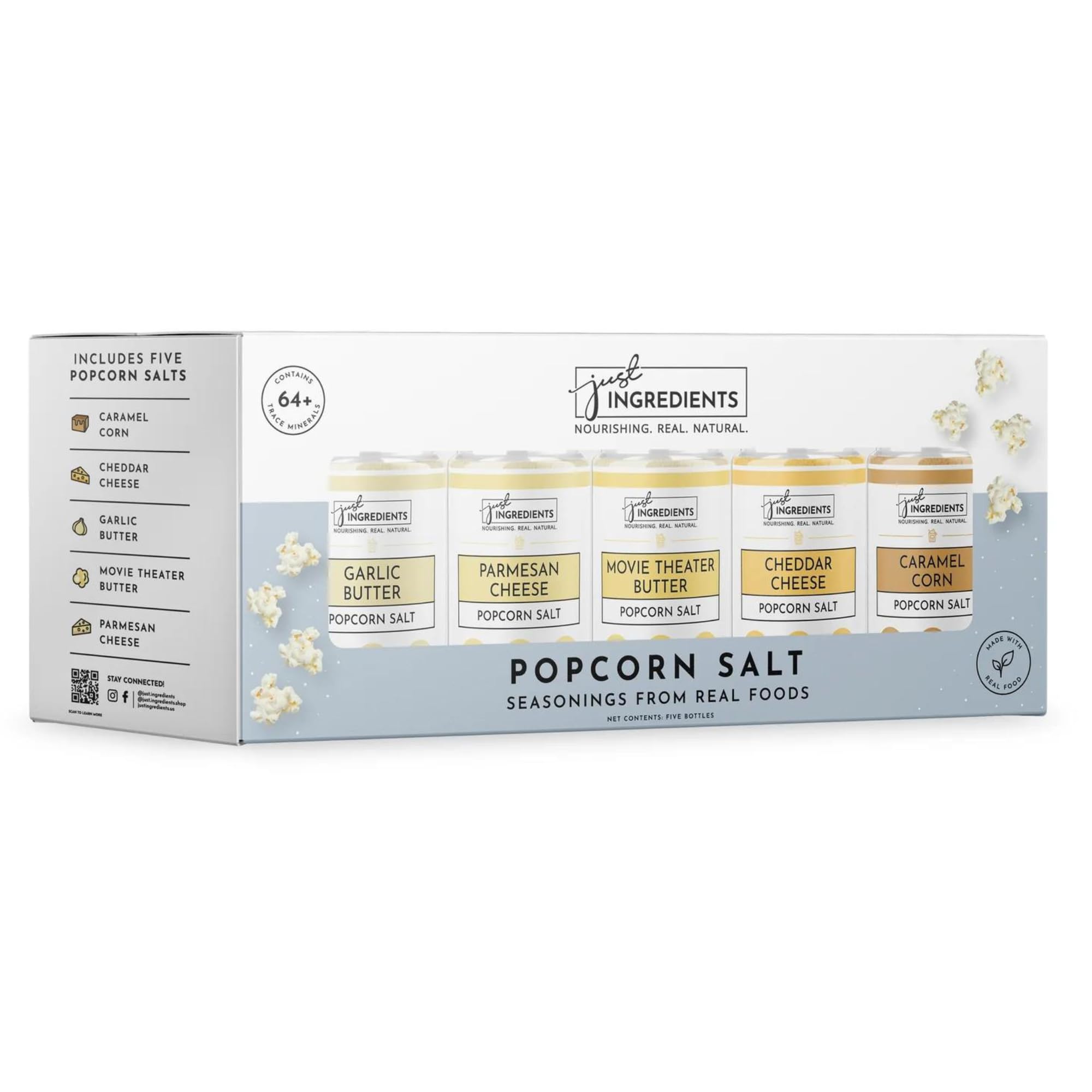 Just Ingredients Popcorn Salts Variety Pack - Gluten Free, Cheddar & Parmesan Cheese, Garlic Seasoning - MSG Free Popcorn Seasoning for Microwave, Movie Nights & Snack Time