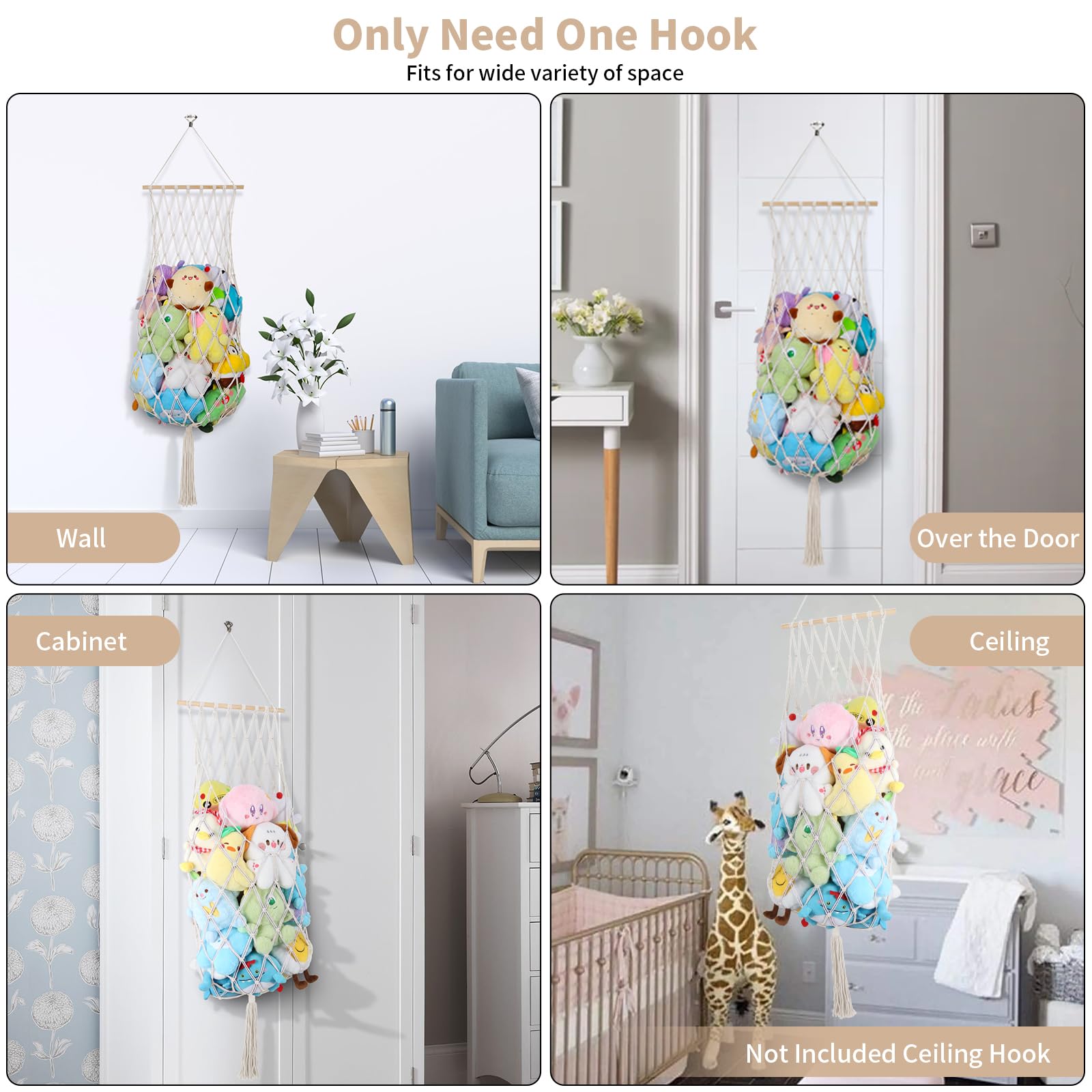 **68 Inch Jumbo Macrame Stuffed Animal Storage Net - Vertical Hanging Plushie Holder for Kids, Boys & Girls - Boho Nursery Decor (Cream) - Perfect for Bedroom, Playroom & Gift Giving**