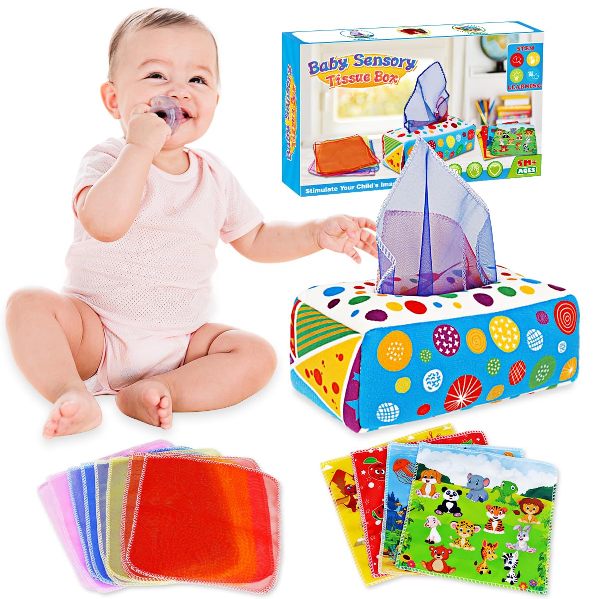 Aiduy Montessori Baby Toys for 6-12 Months - Soft Crinkle Sensory Learning Toys for Infants, Early Developmental Tissue Box Toy for 1 Year Old Boys & Girls | Perfect for Playtime, Baby Shower Gifts & Montessori Education