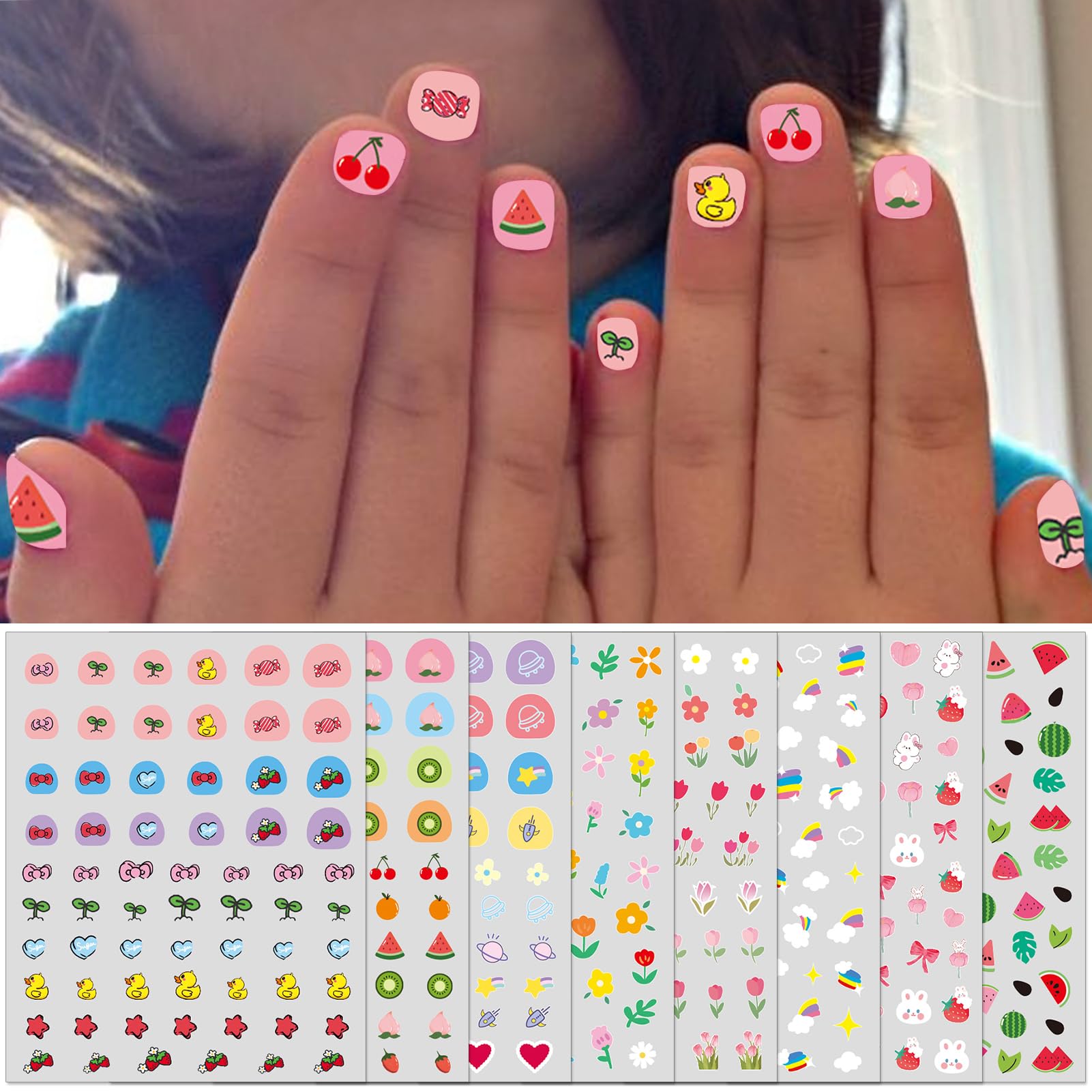 3D Self-Adhesive Nail Stickers for Kids - Cute Flower, Leaf, Animal & Fruit Designs, DIY Nail Art Decals for Little Girls & Toddlers (8 Sheets) - Perfect for Birthday Parties, Playdates & Dress-Up Fun