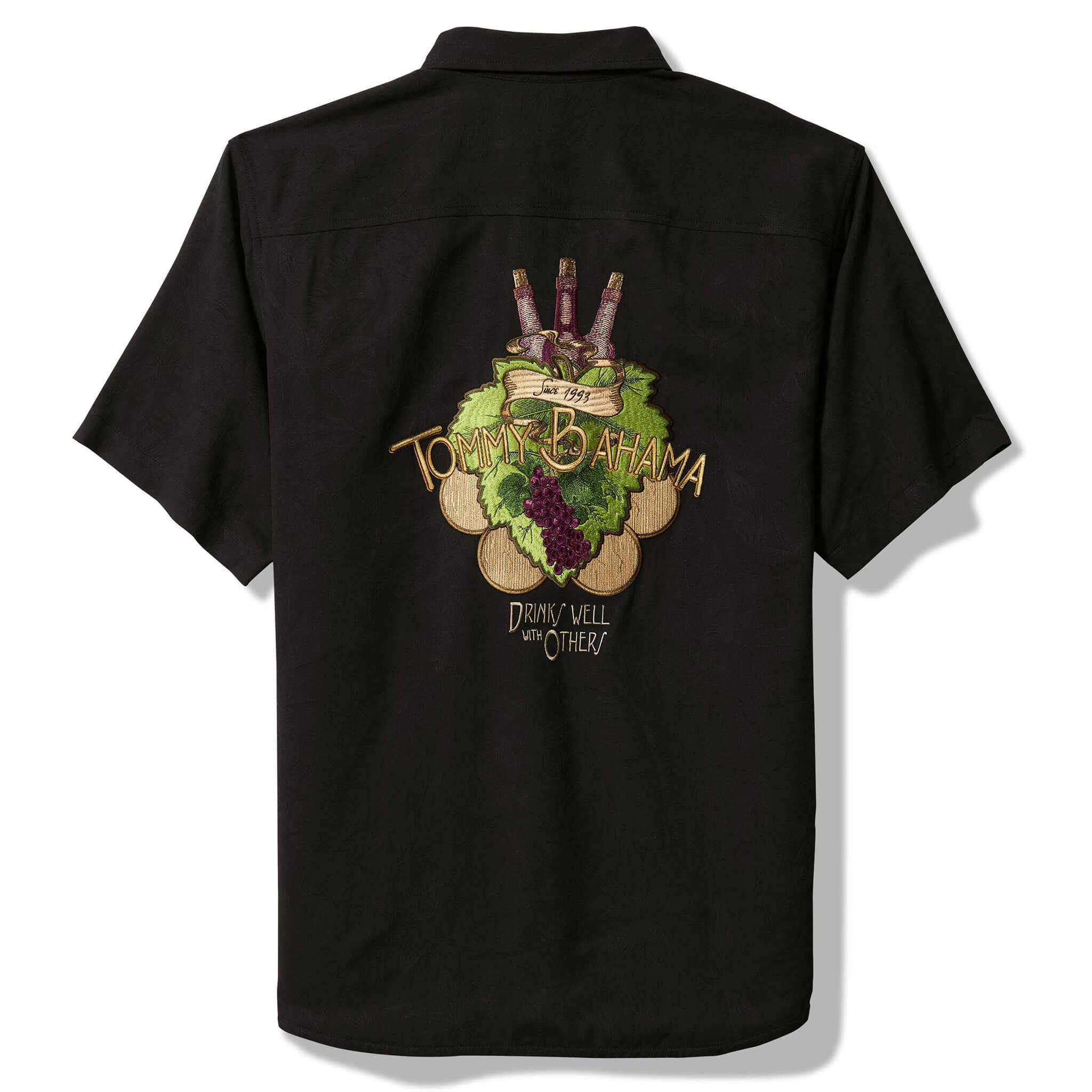 Tommy Bahama Men's Embroidered Silk Camp Shirt - Drinks Well With Others Design, Black | Casual Summer Wear for Beach Parties & Tropical Vacations