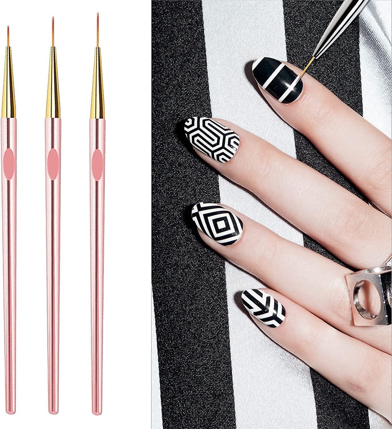 Premium 3-Piece Rose Gold Nail Art Liner Brush Set - Professional UV Gel & Acrylic Nail Design Tools (7mm/9mm/11mm) for Salon & Home Manicure | Perfect for French Tips, Floral Patterns & Detailed Nail Art