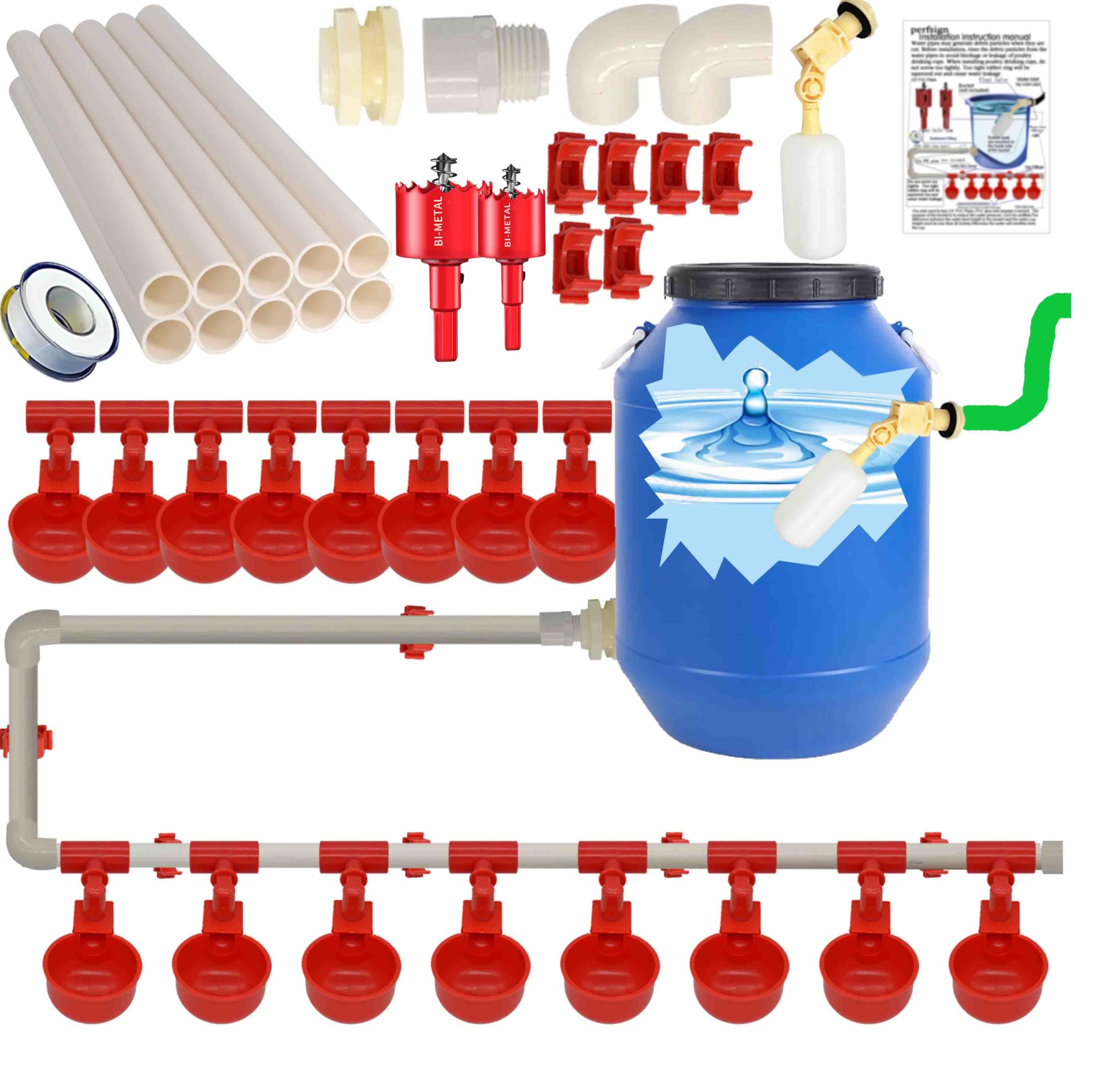Automatic Chicken Waterer Cups Complete Set with PVC Pipe, Tee Fittings & Pressure Regulator - Poultry Feeding & Watering System for Coops, Farms, and Backyard Chicken Raising