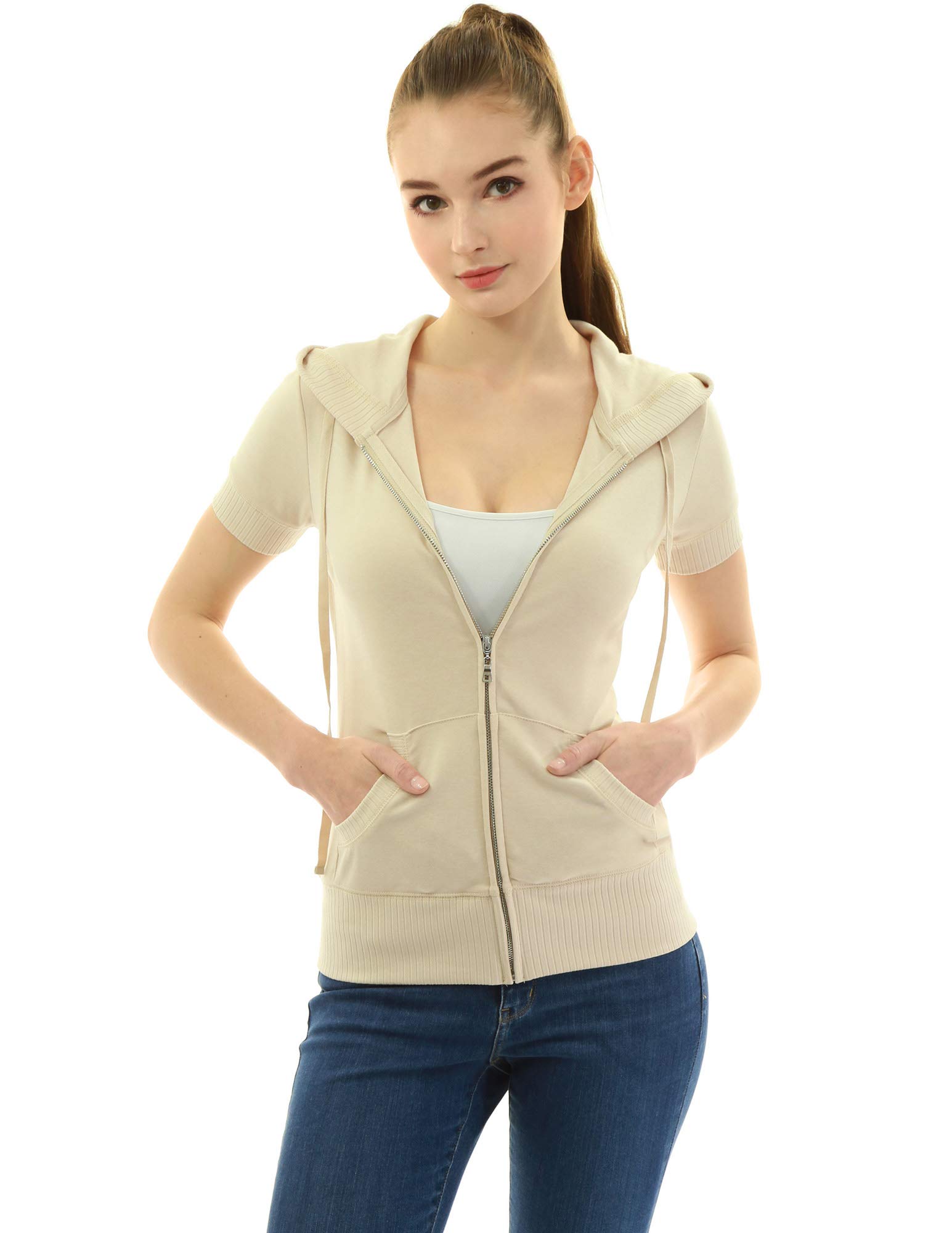 AmélieBoutik Women's Cotton Blend Zip-Up Hoodie with Kangaroo Pocket - Short Sleeve Casual Jacket for Spring & Fall Outdoor Activities